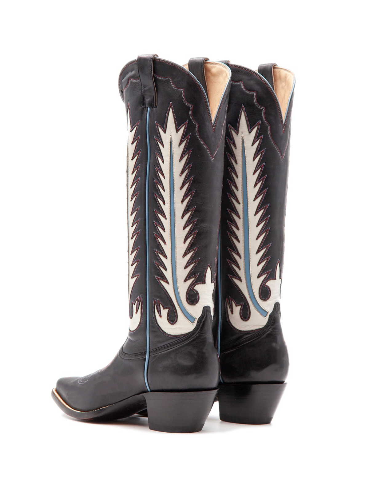 Black Snip-Toe White Feather Inlay Wide Mid Calf Tall Cowgirl Boots