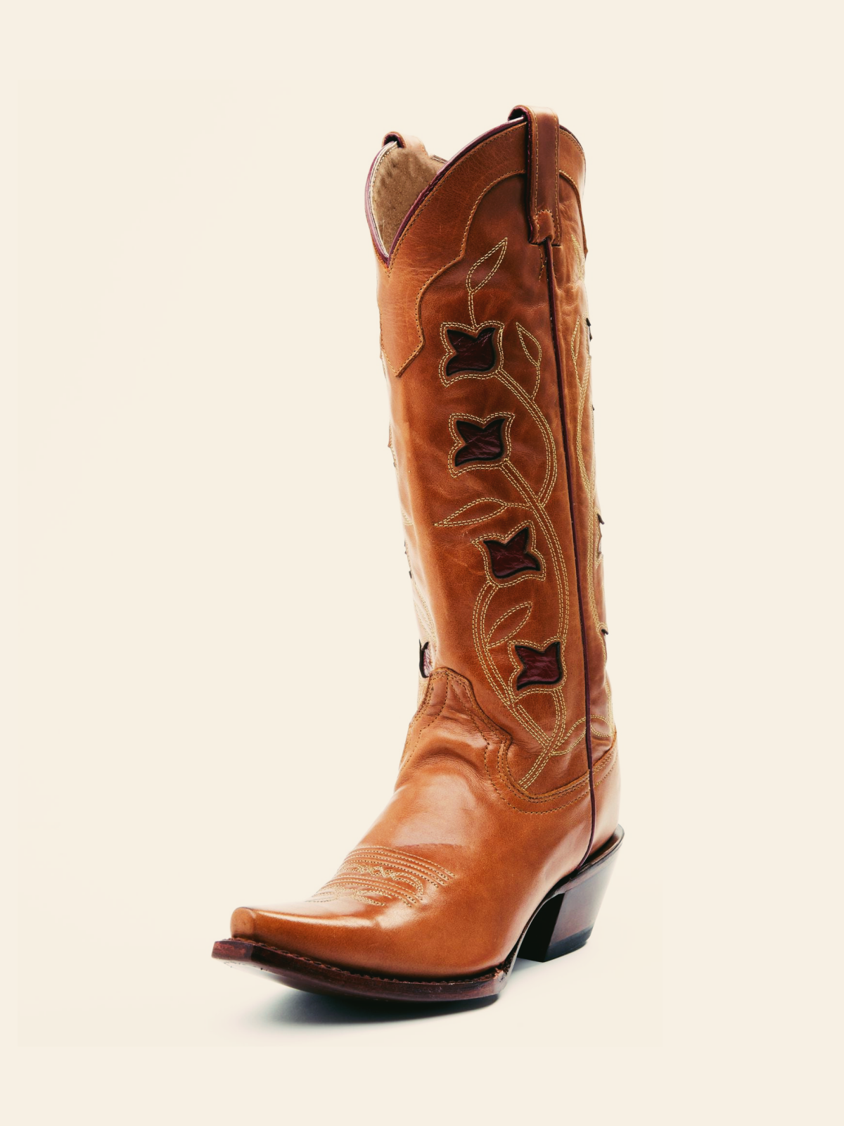 Cognac Snip-Toe Wide Mid Calf Western Cowgirl Boots With Red Flower Inlay