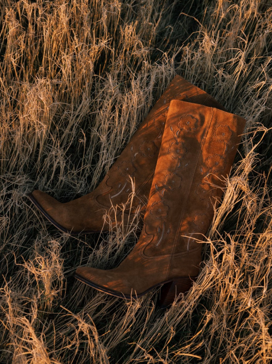 Brown Faux Suede Almond-Toe Cute Flowers Inlay Wide Mid Calf Cowgirl Boots