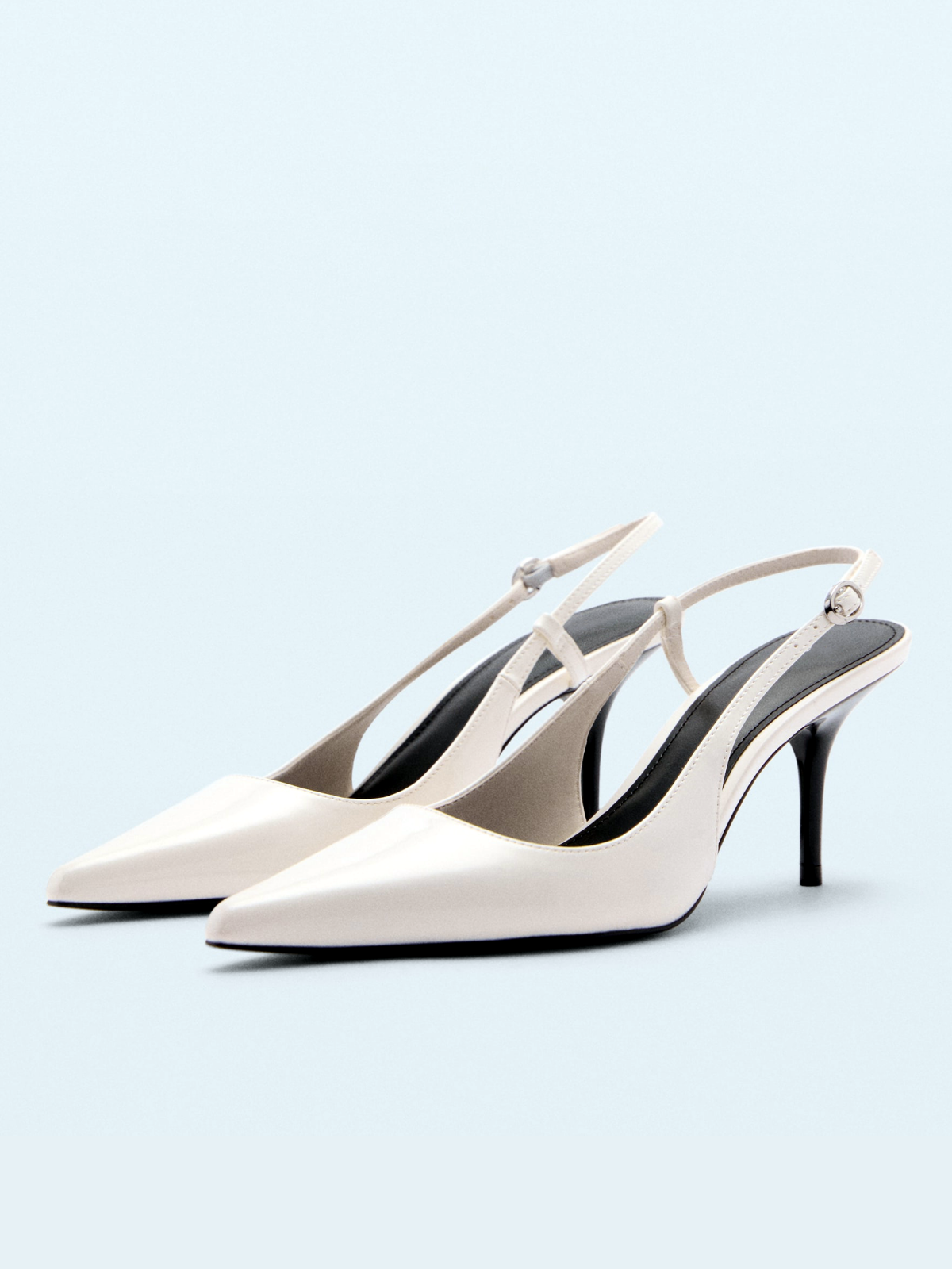 White Patent Pointed-Toe Slingback Buckle Kitten Heels