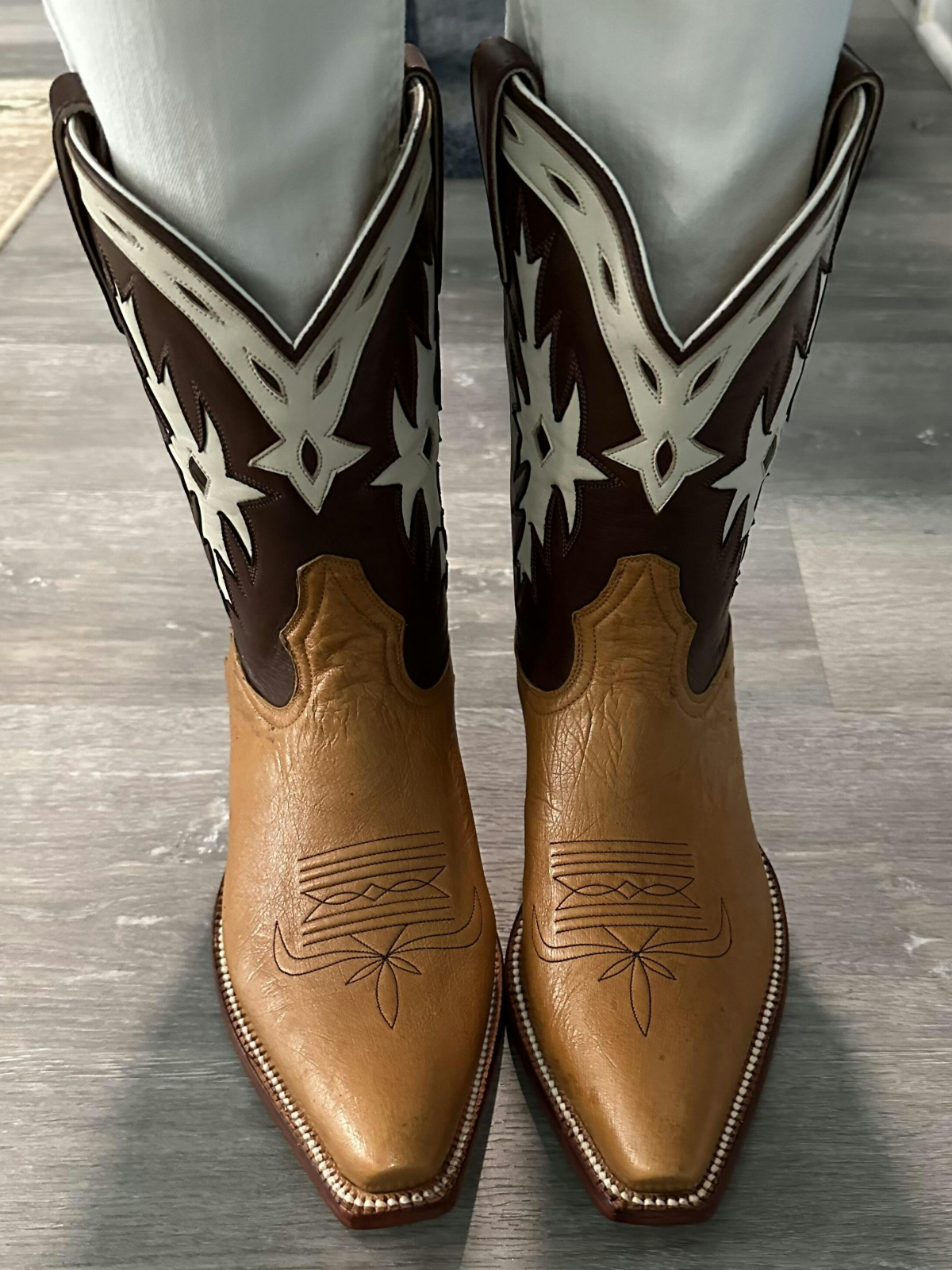 Contrast Tan And Brown Snip-Toe White Inlay Wide Mid Calf Cowgirl Boots