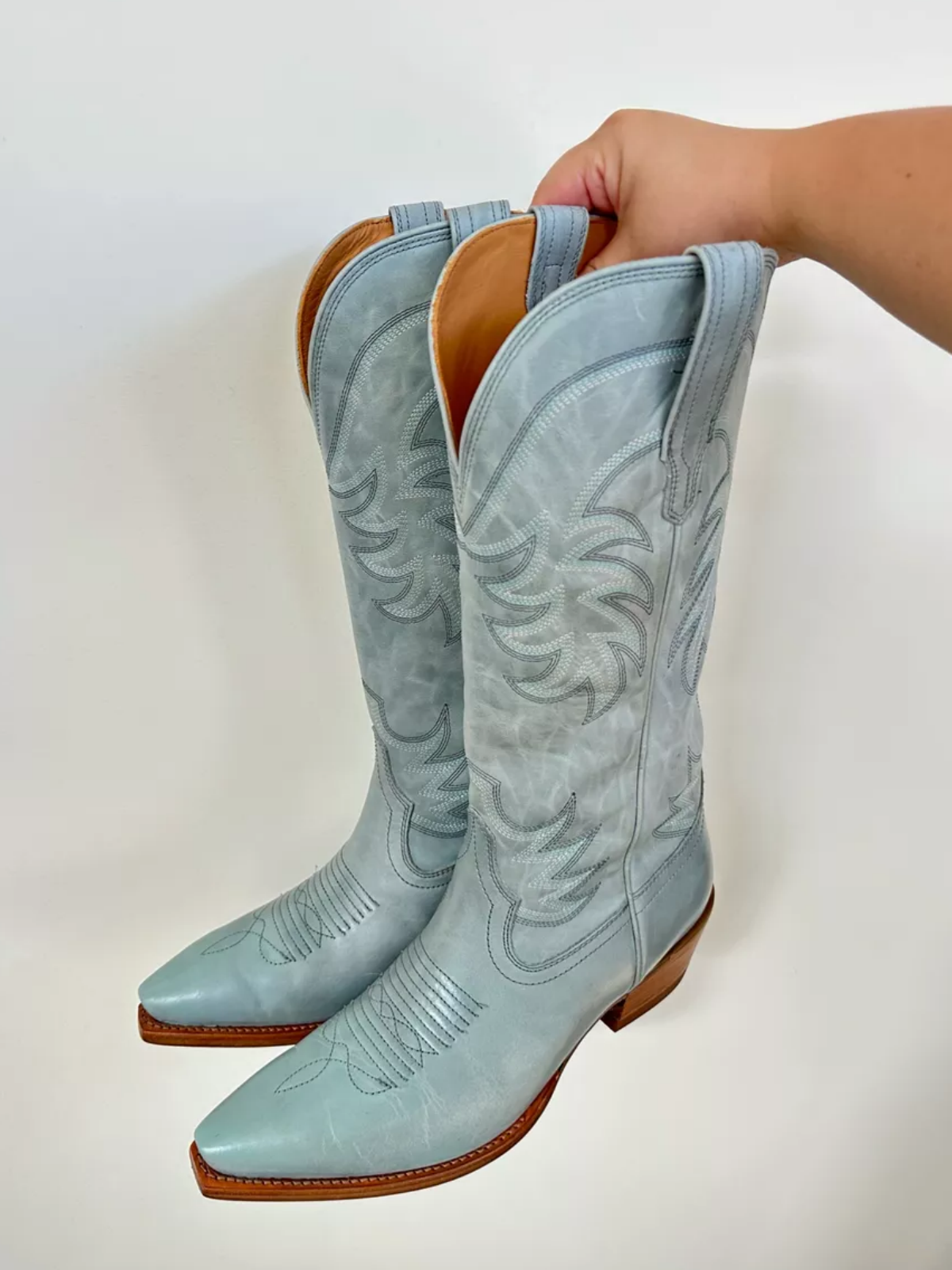 Baby Blue Snip-Toe Embroidery Wide Mid Calf Tall Cowboy Boots For Women