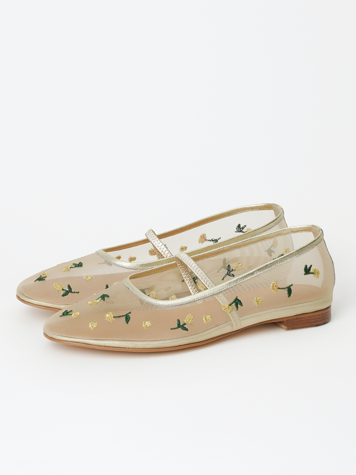 Metallic Light Gold Mesh Flats Mary Janes With Yellow Floral Embroidery