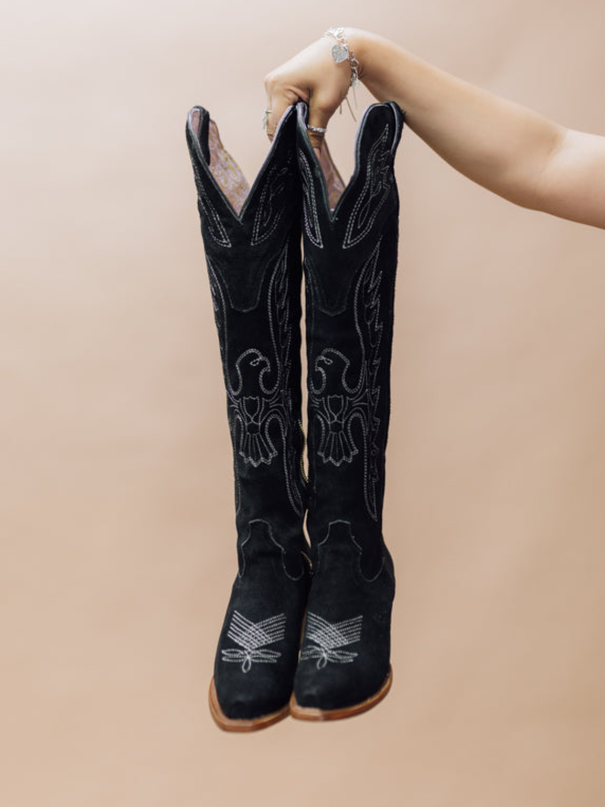 Eagle Embroidery Snip-Toe Half-Zip Over-The-Knee Tall Cowgirl Boots - Black Faux Suede