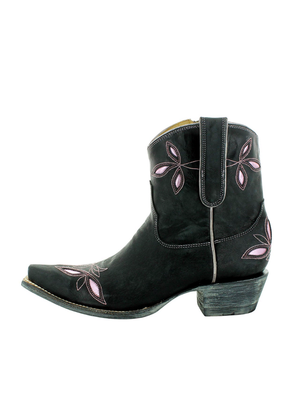 Black Snip-Toe Leaves Inlay Embroidery Full-Zip Wide Mid Calf Short Cowgirl Boots