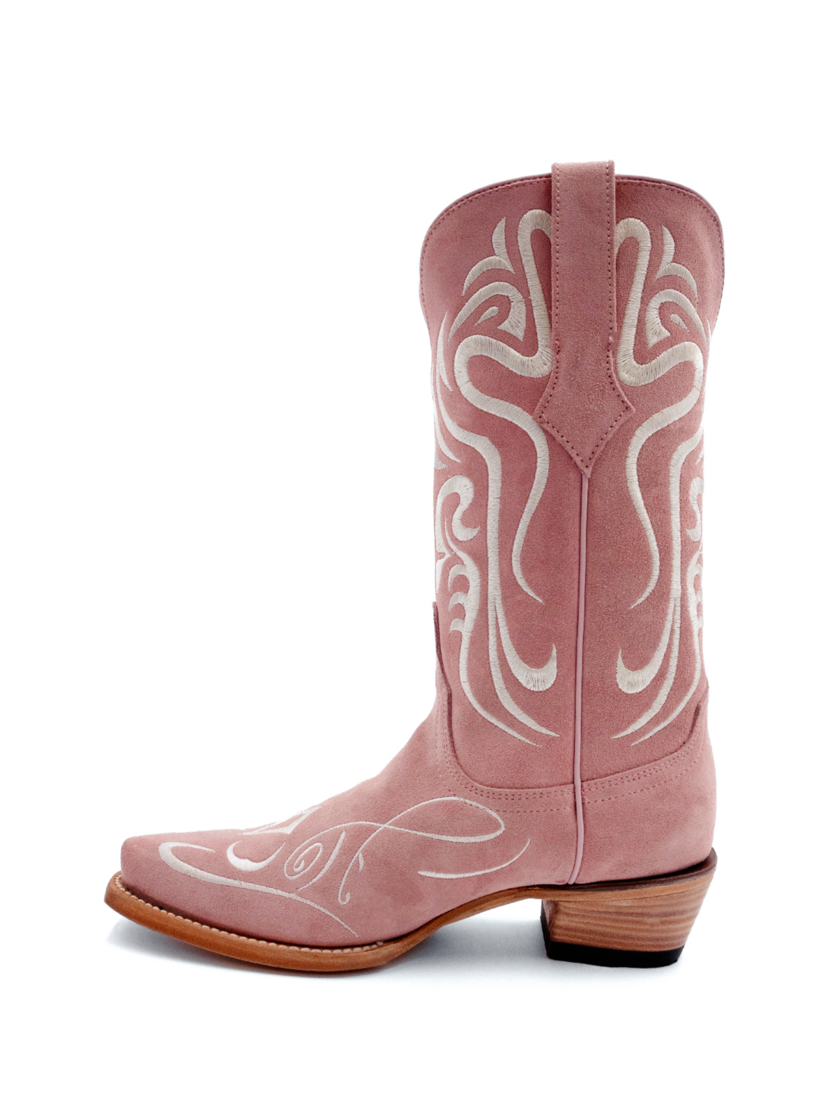 Pink Faux Suede Scroll Embroidery Snip-Toe Cowgirl Tall Boots Wide Mid Calf Western Boots