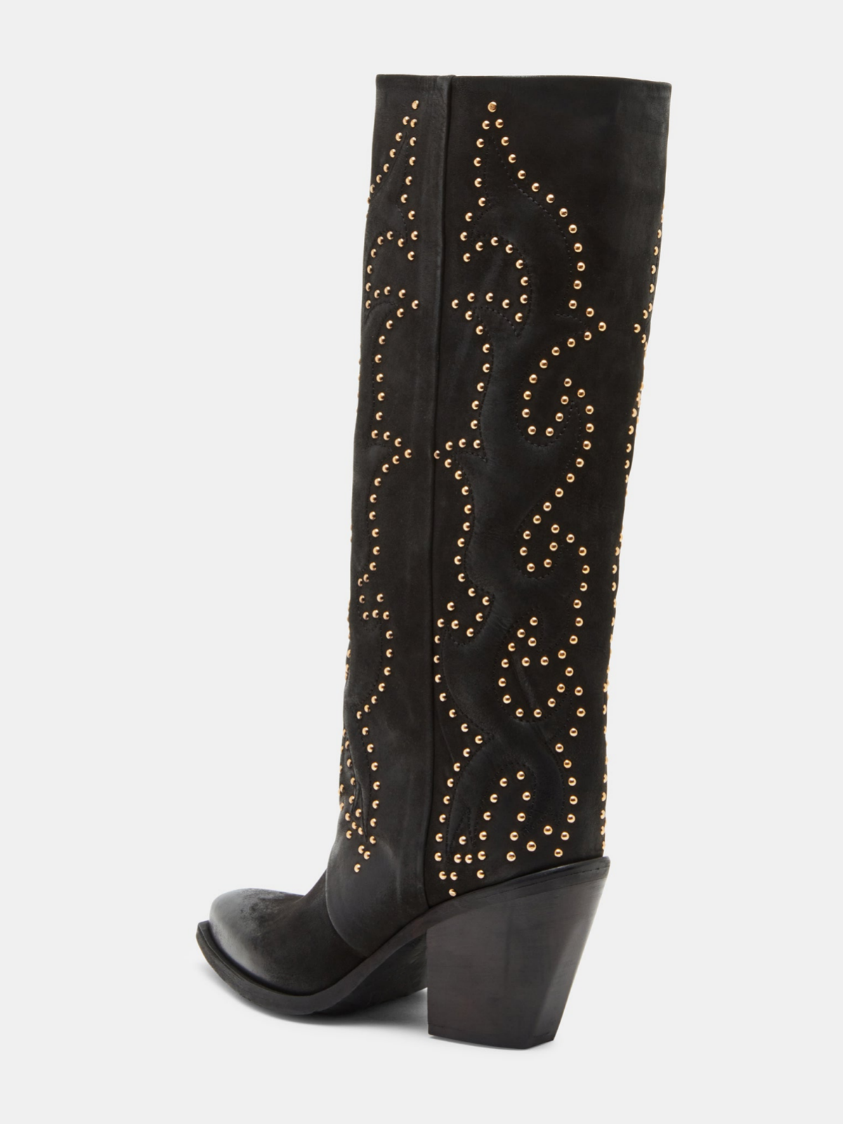 Black Pointed-Toe Classic Studded Padded Wide Mid Calf Cowgirl Boots