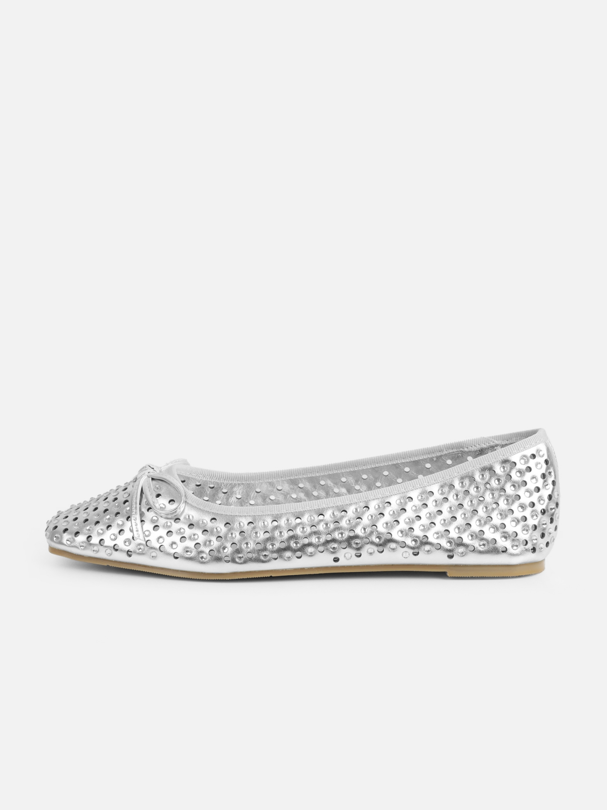 Metallic Silver Shiny Rhinestone Perforations Bow Ballet Flats