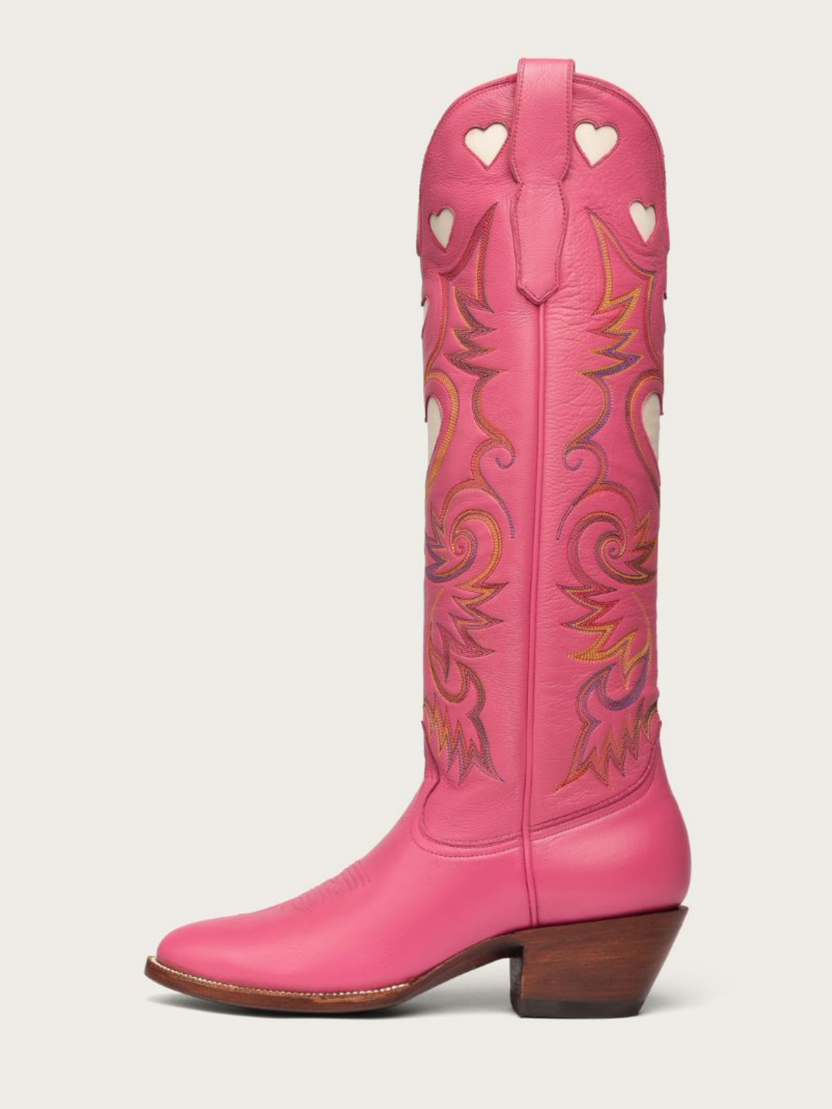 Ivory Heart Inlay Embroidery Almond-Toe Tall Wide Mid Calf Cowgirl Boots - Hot Pink