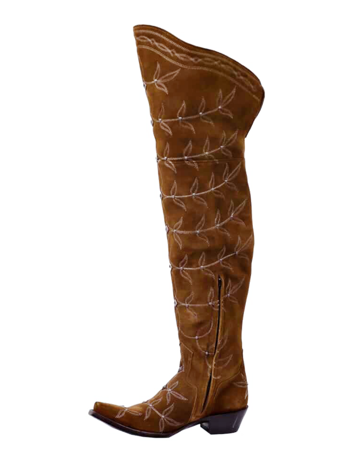 Brown Faux Suede Snip-Toe Studded Leaf Embroidery Half-Zip Over-The-Knee Cowgirl Boots