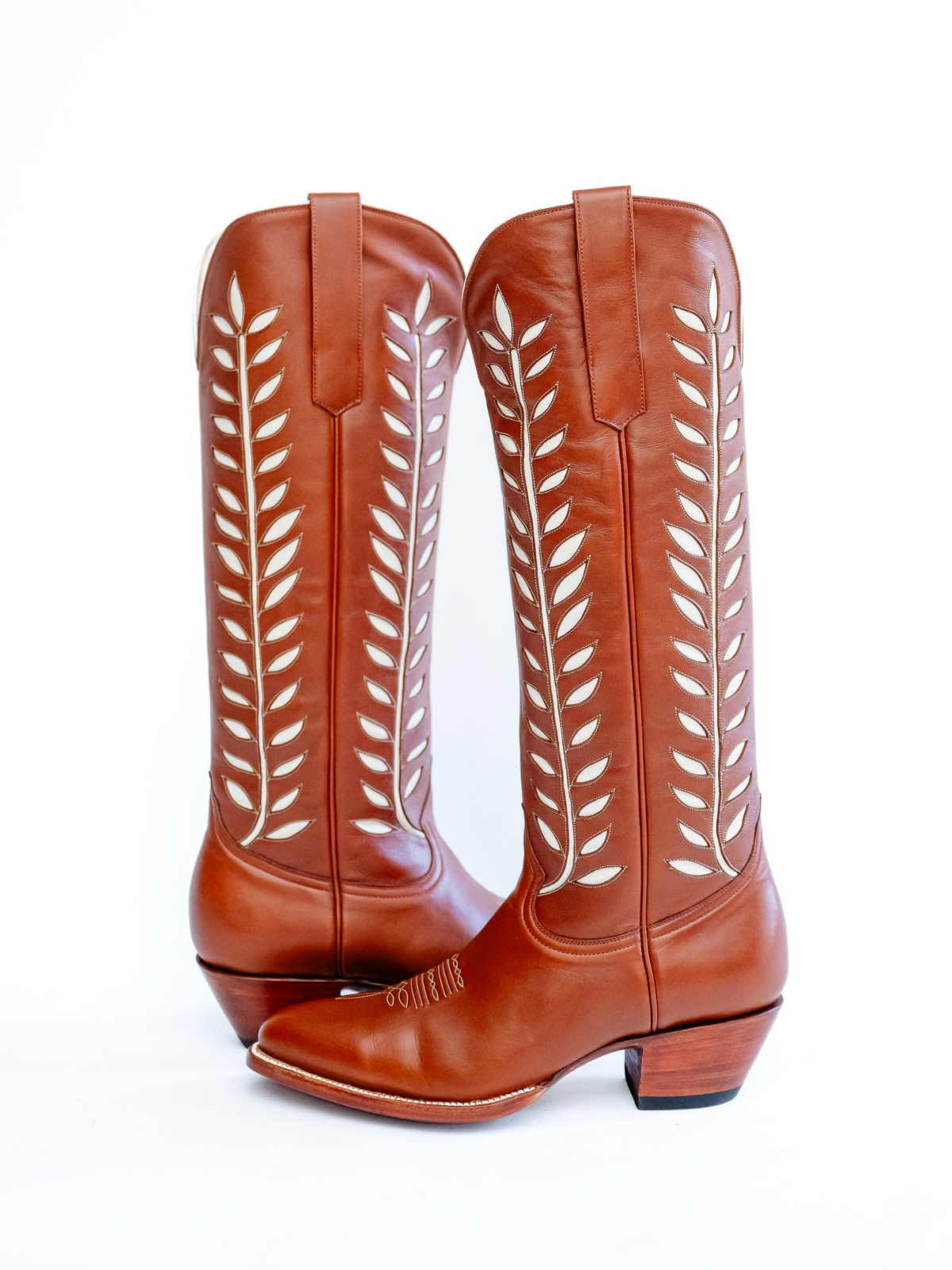 Almond-Toe Ivory Leaves Inlay Wide Calf Tall Knee High Cowgirl Boots - Brandy