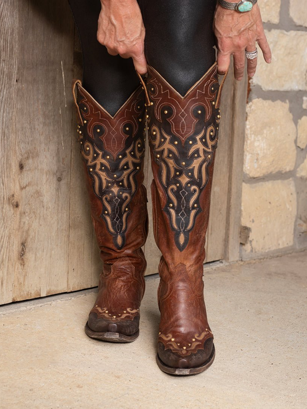 Brown Snip-Toe Half-Zip Embroidery Studded Inlay Applique Tall Knee High Cowgirl Boots