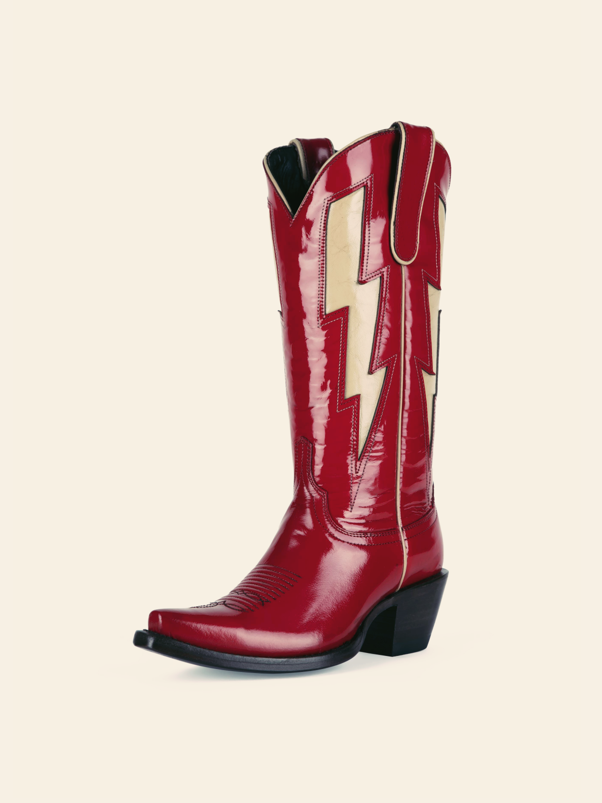 Patent Red Stitch Snip-Toe Wide Calf Tall Cowgirl Boots With Ivory Lightning Inlay