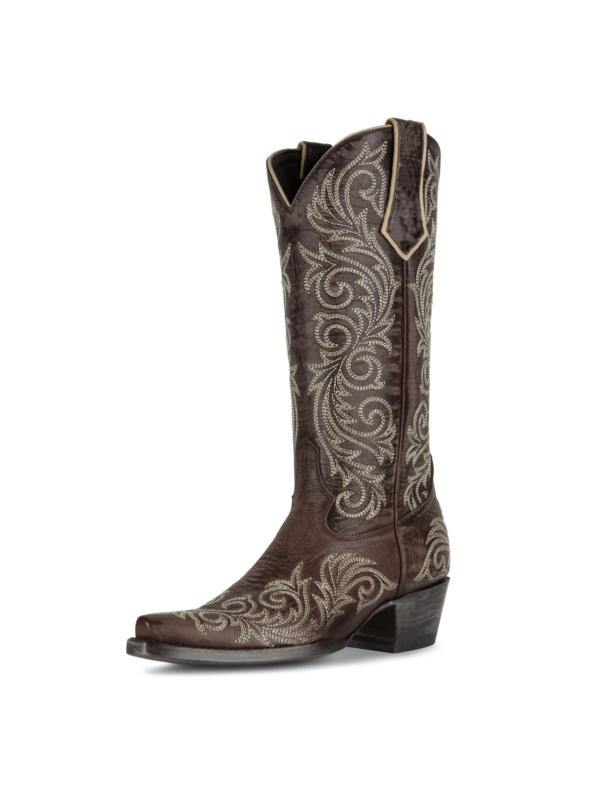 Chocolate Snip-Toe Embroidery Wide Mid Calf Cowgirl Tall Boots