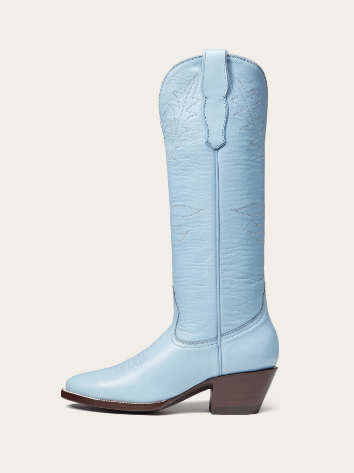 Powder Blue Vegan Leather Embroidery Almond-Toe Wide Mid Calf Tall Cowgirl Boots