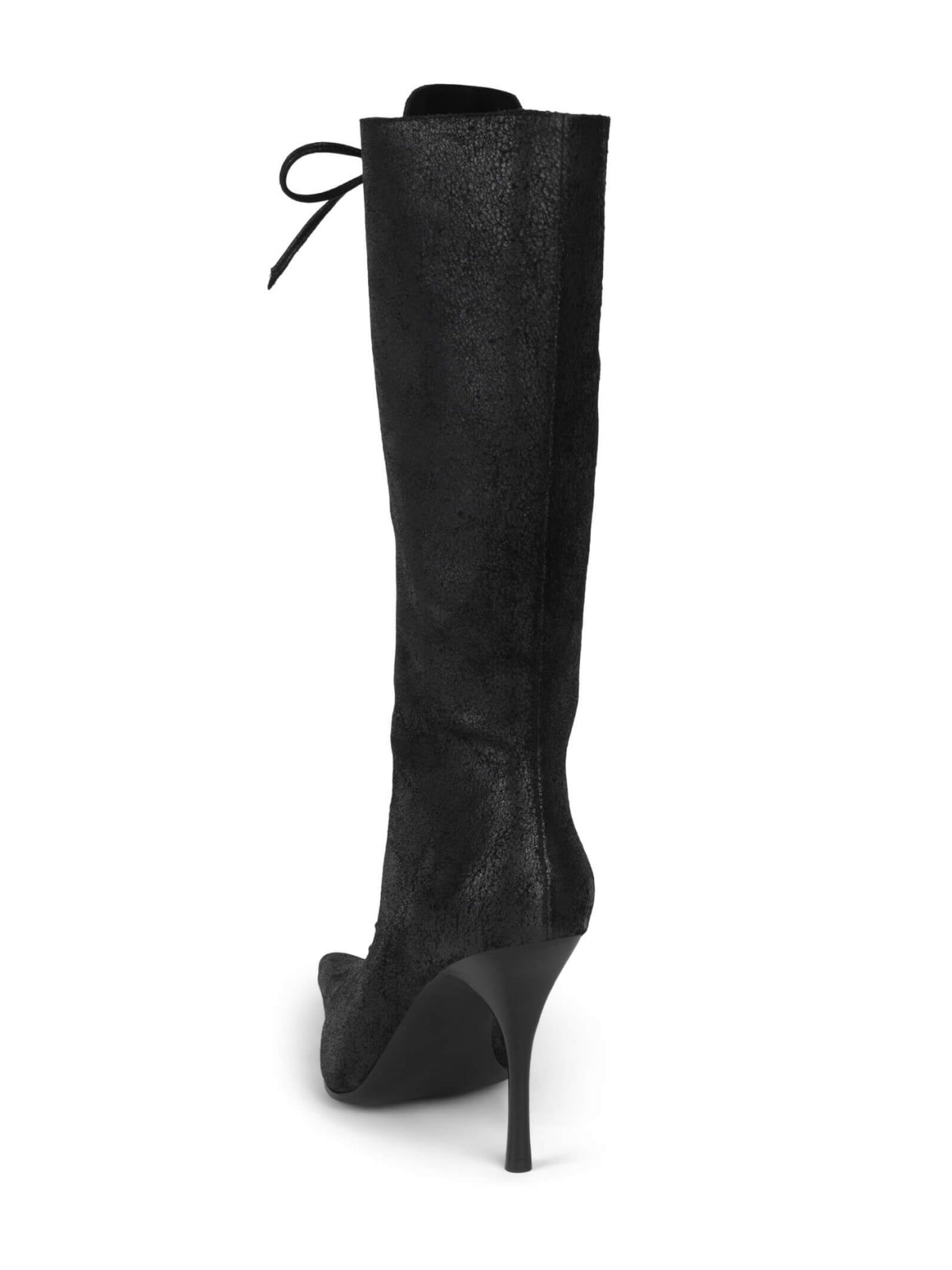 Distressed Black Pointed-Toe Lace-Up Full-Zip Mid Calf Stiletto Boots