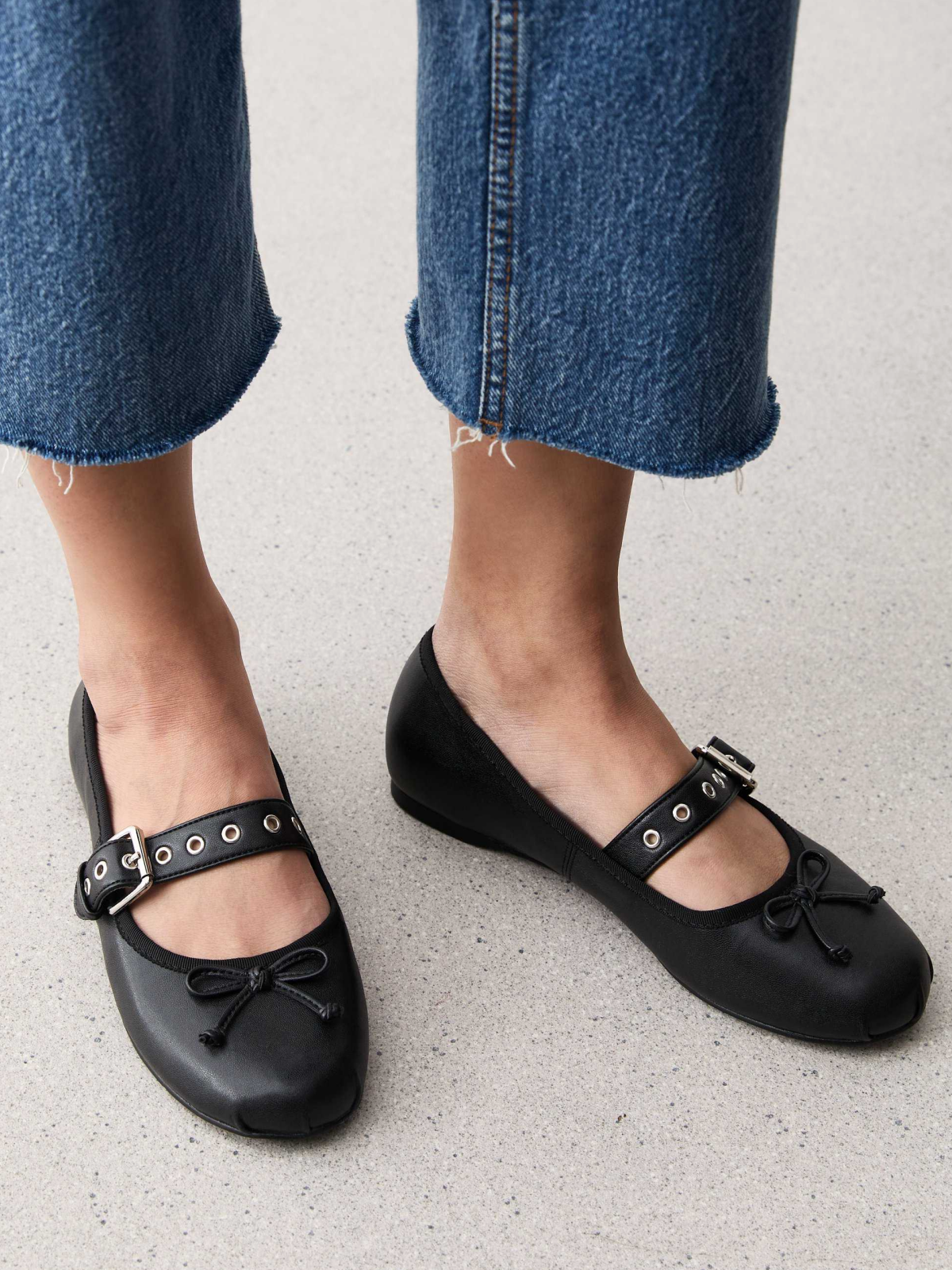 Black Bow Ballet Flats Mary Janes With Eyelet Buckled Strap