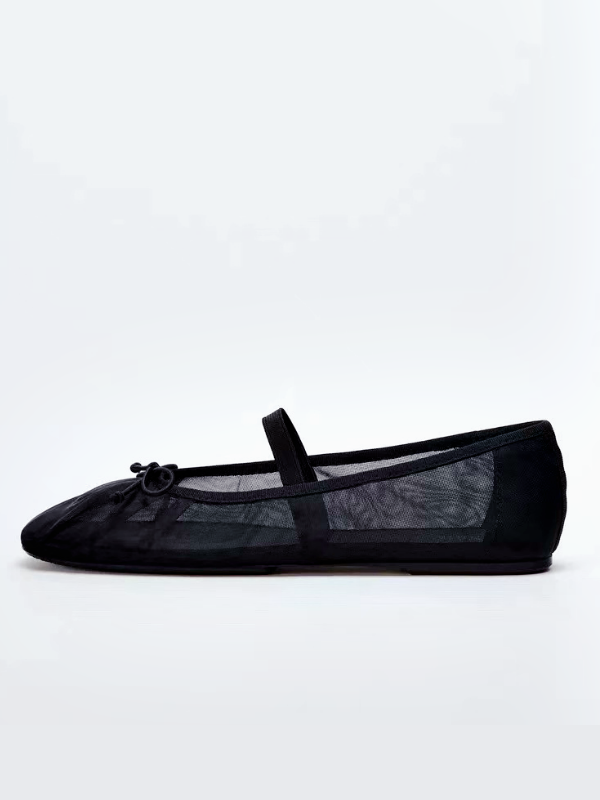 Black Mesh Round-Toe Elastic Strap Bow Ballet Flats