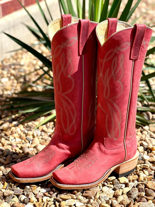 Cherry Red Square-Toe Embroidery Wide Mid Calf Tall Cowboy Boots For Women