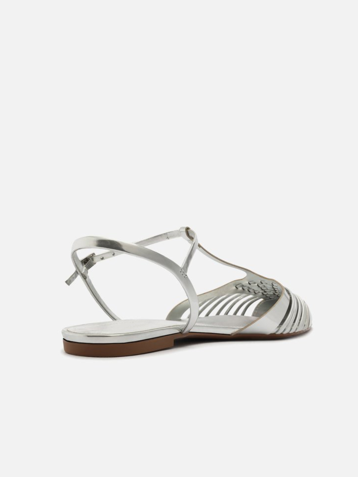 Metallic Silver Strap Interwined Pointy Flats With Ankle T-Strap