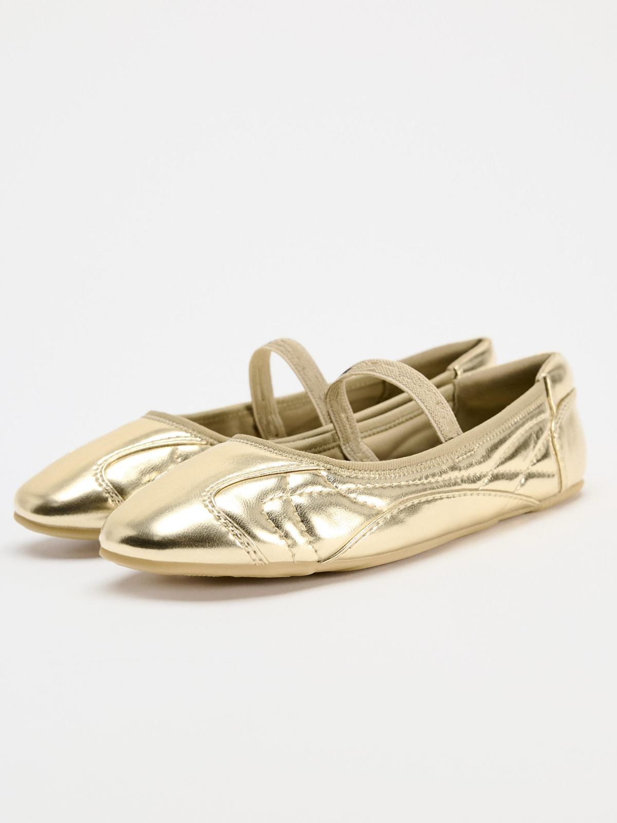 Metallic Gold Round-Toe Elastic Strap Ballet Flats