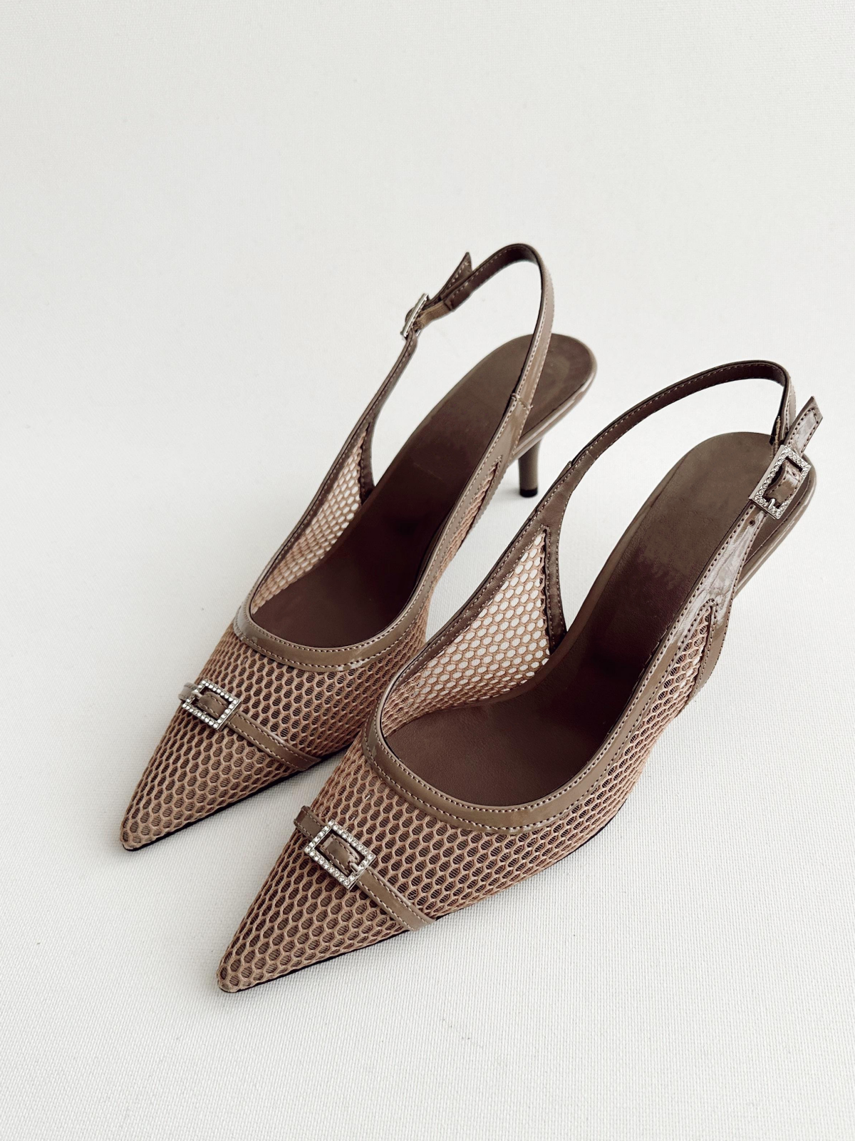 Taupe Fishnet Rhinestone Buckled Strap Kitten Heels Slingback Pumps