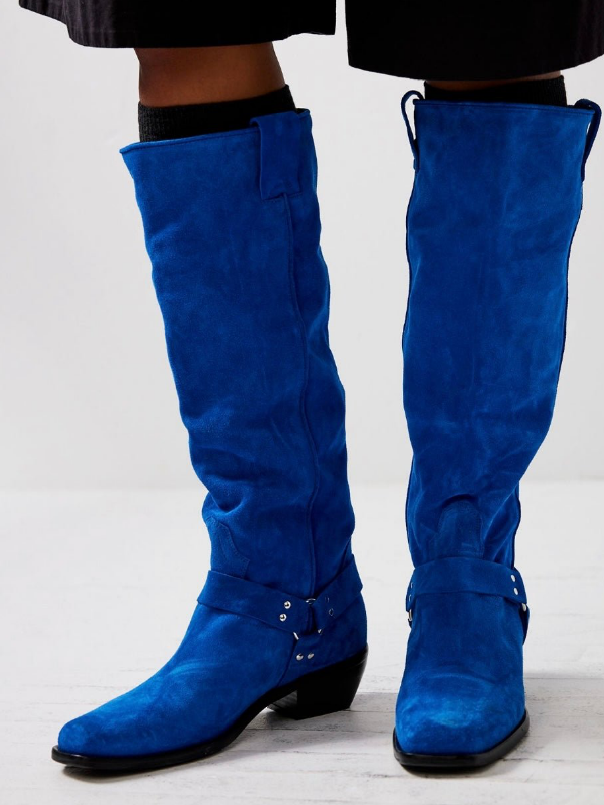 Faux Suede Square-Toe Wide Calf Tall Knee High Cowgirl Boots With Buckle - Blue