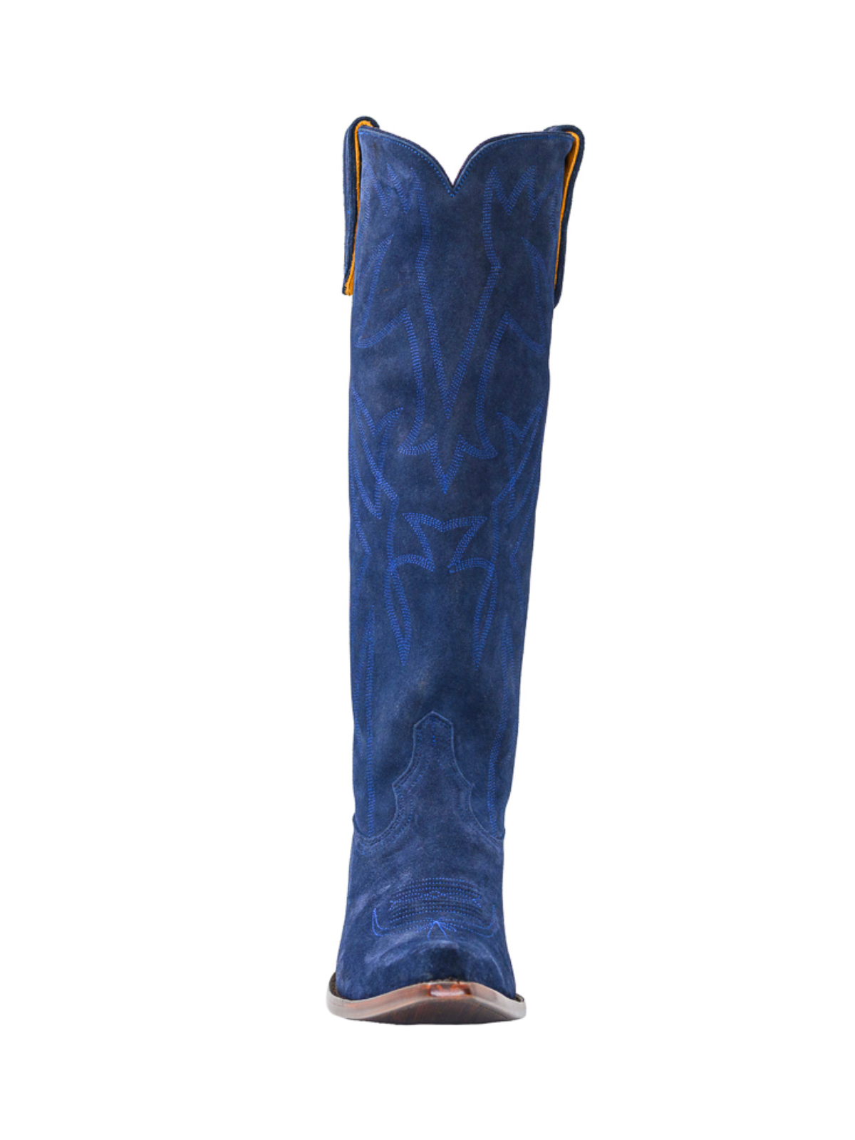 Navy Blue Embroidery Faux Suede Snip-Toe Wide Calf Cowgirl Boots Knee High Tall Boots