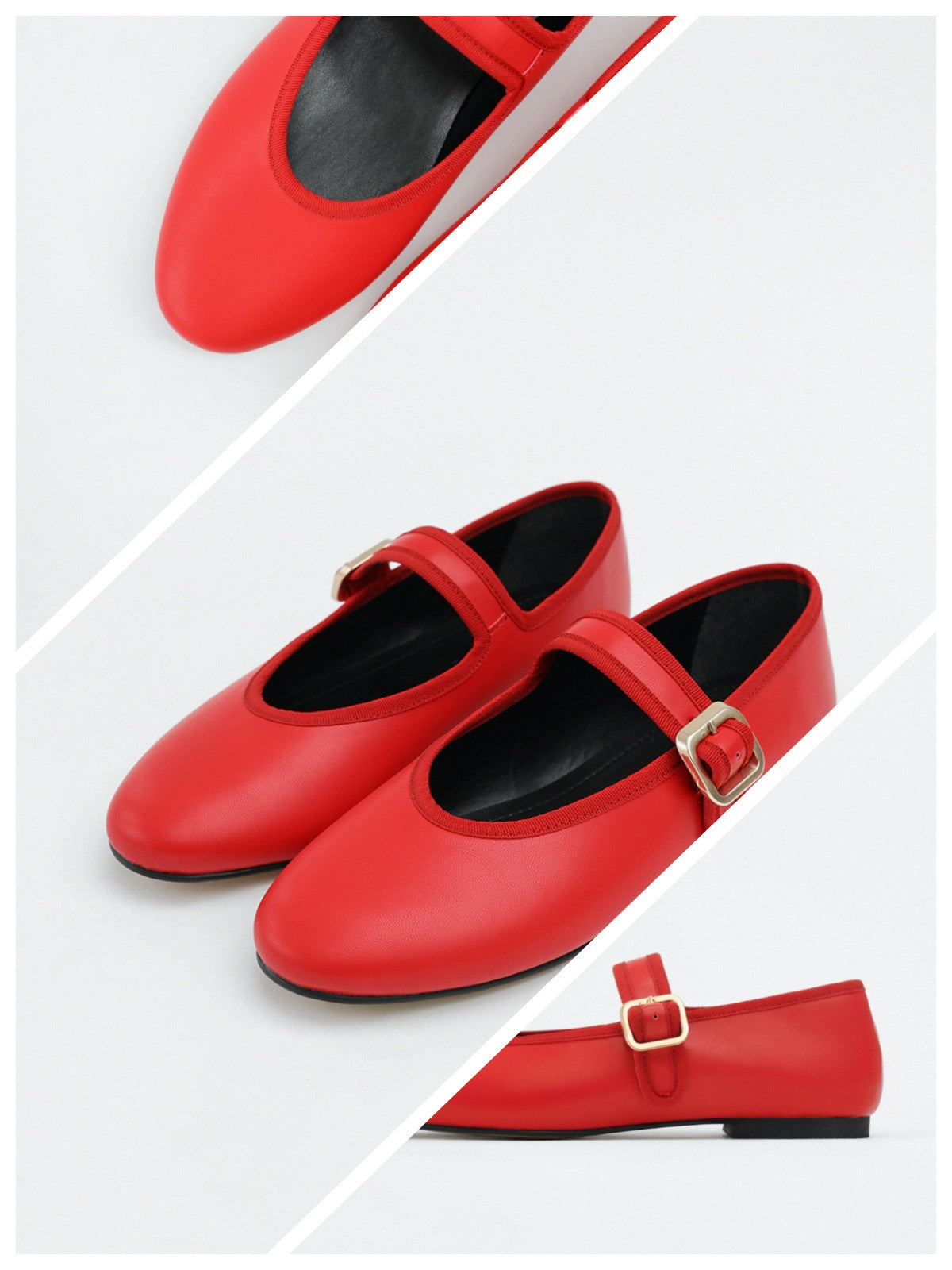 Red Buckled Detailed Oval Ballet Flats Mary Janes With Wide Strap