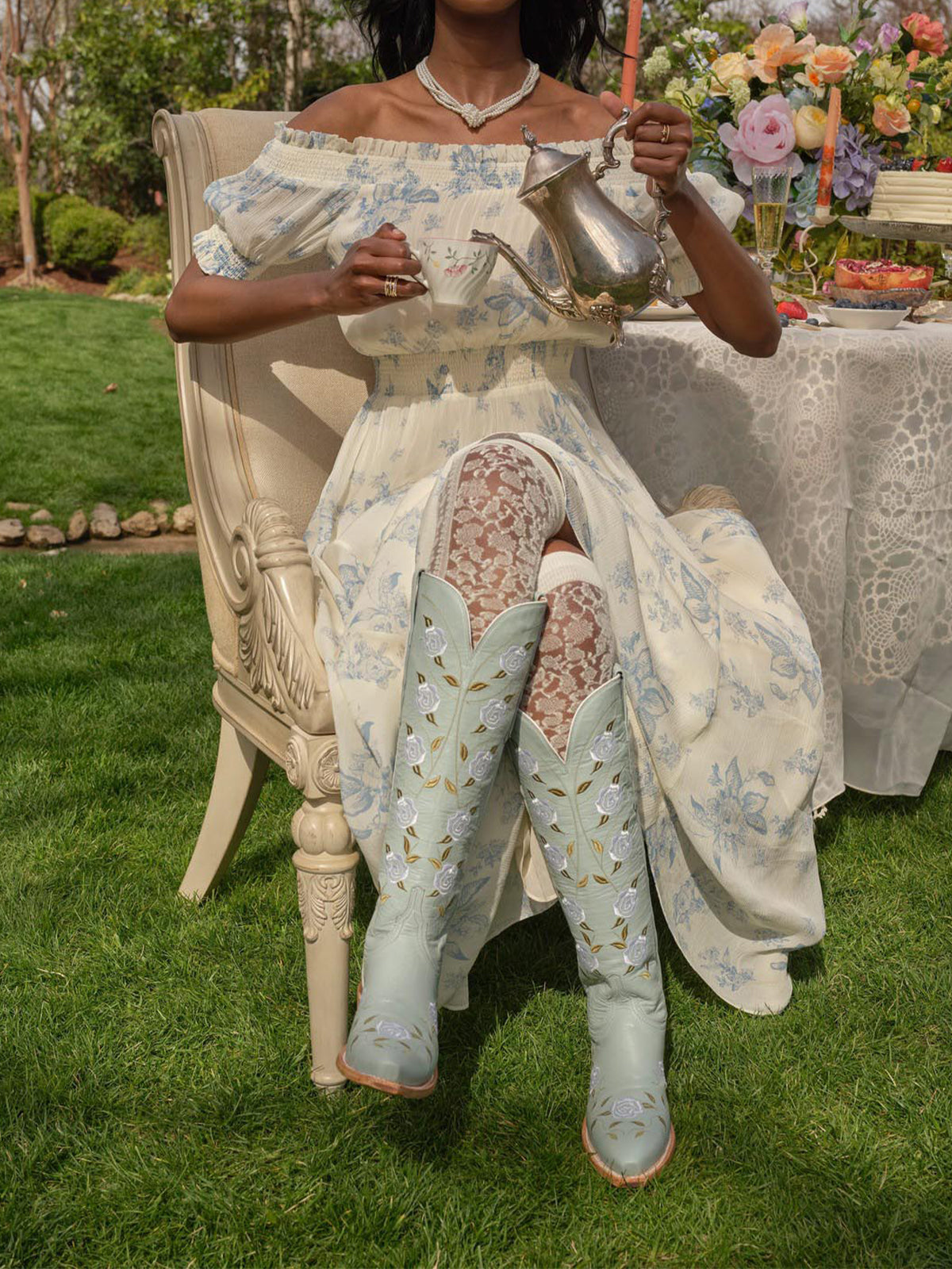 Powder Blue Snip-Toe Rose Embroidery Wide Calf Knee High Cowgirl Boots