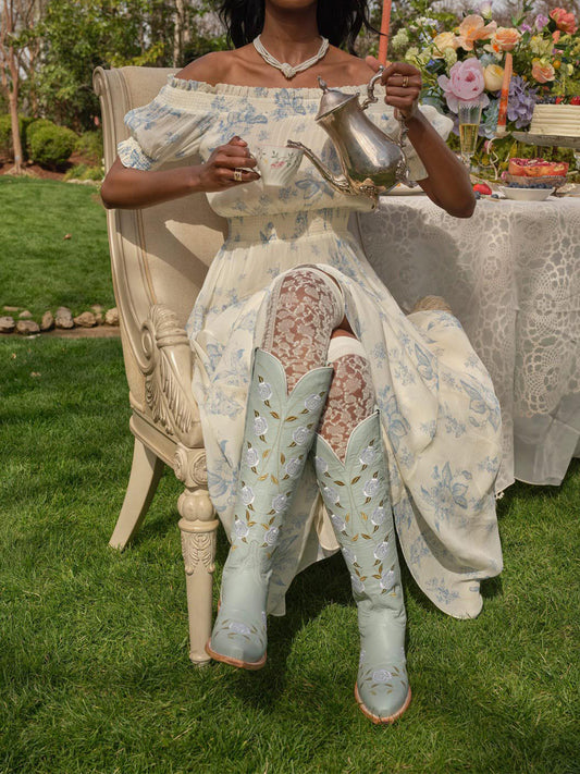 Powder Blue Snip-Toe Rose Embroidery Wide Calf Knee High Cowgirl Boots