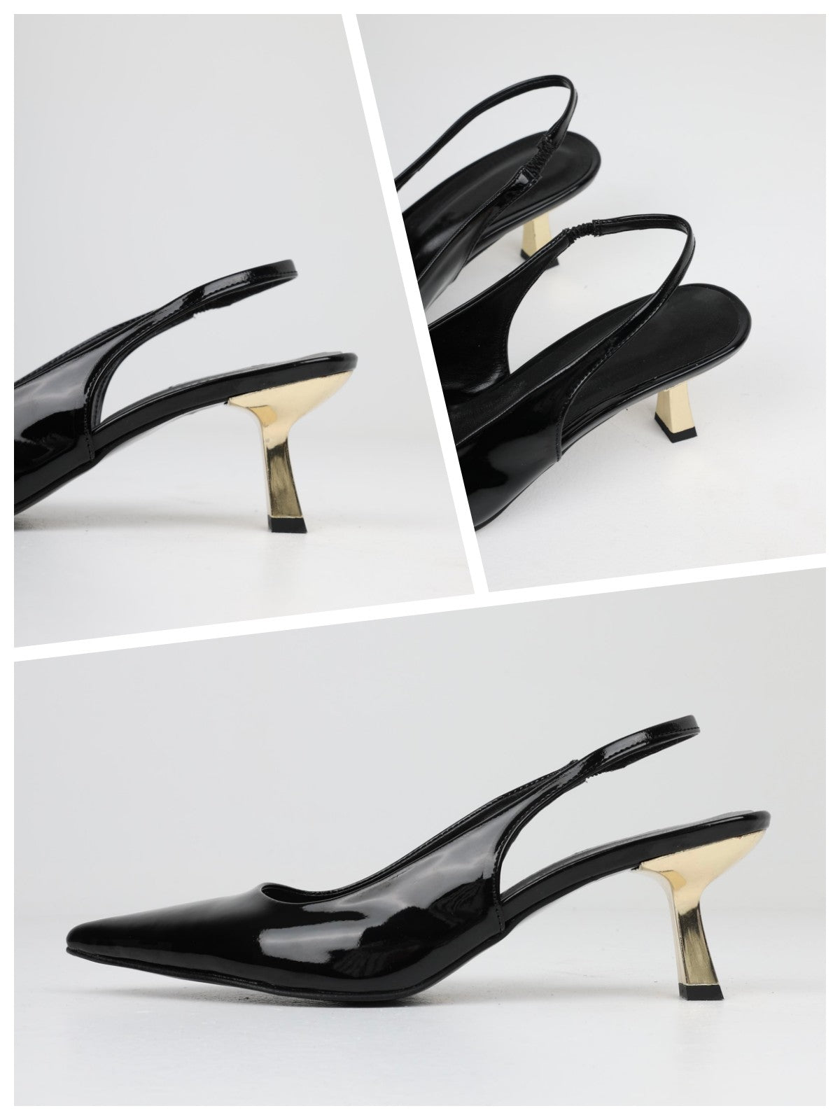 Black Patent Pointy Slingback Pumps With Sculptural Gold Kitten Heels