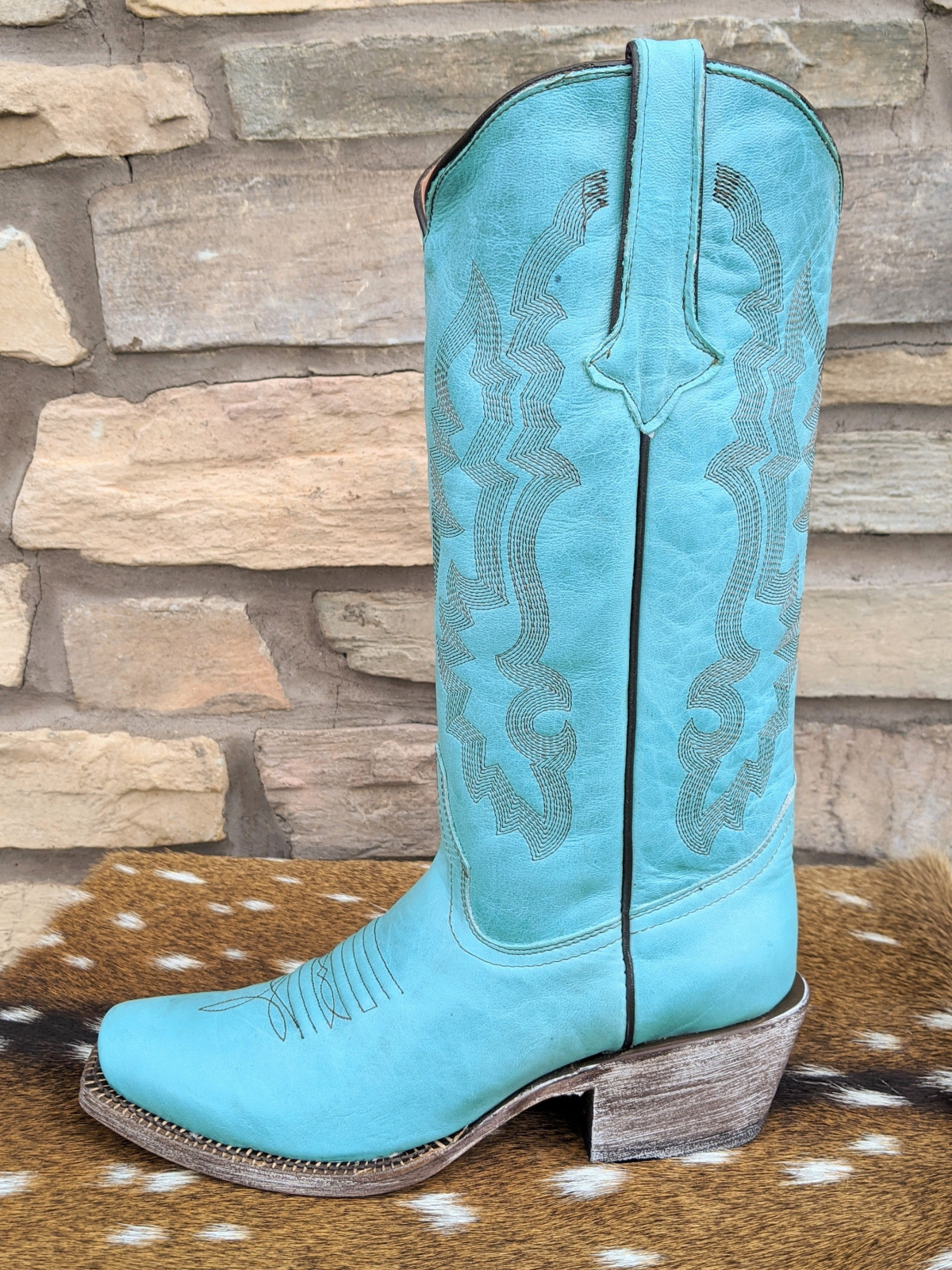 Turquoise Square-Toe Embroidery Wide Mid Calf Tall Cowgirl Boots