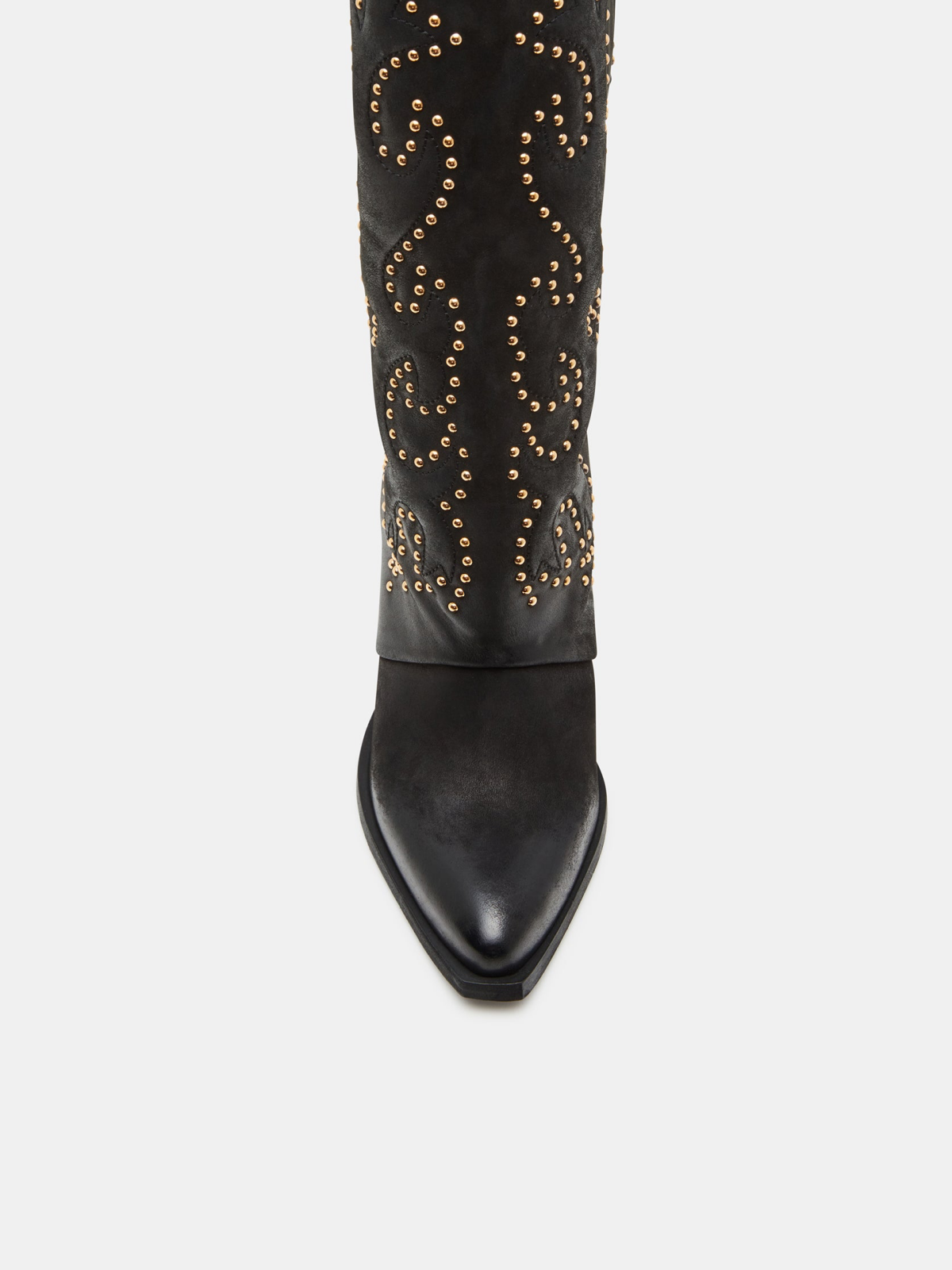 Black Pointed-Toe Classic Studded Padded Wide Mid Calf Cowgirl Boots