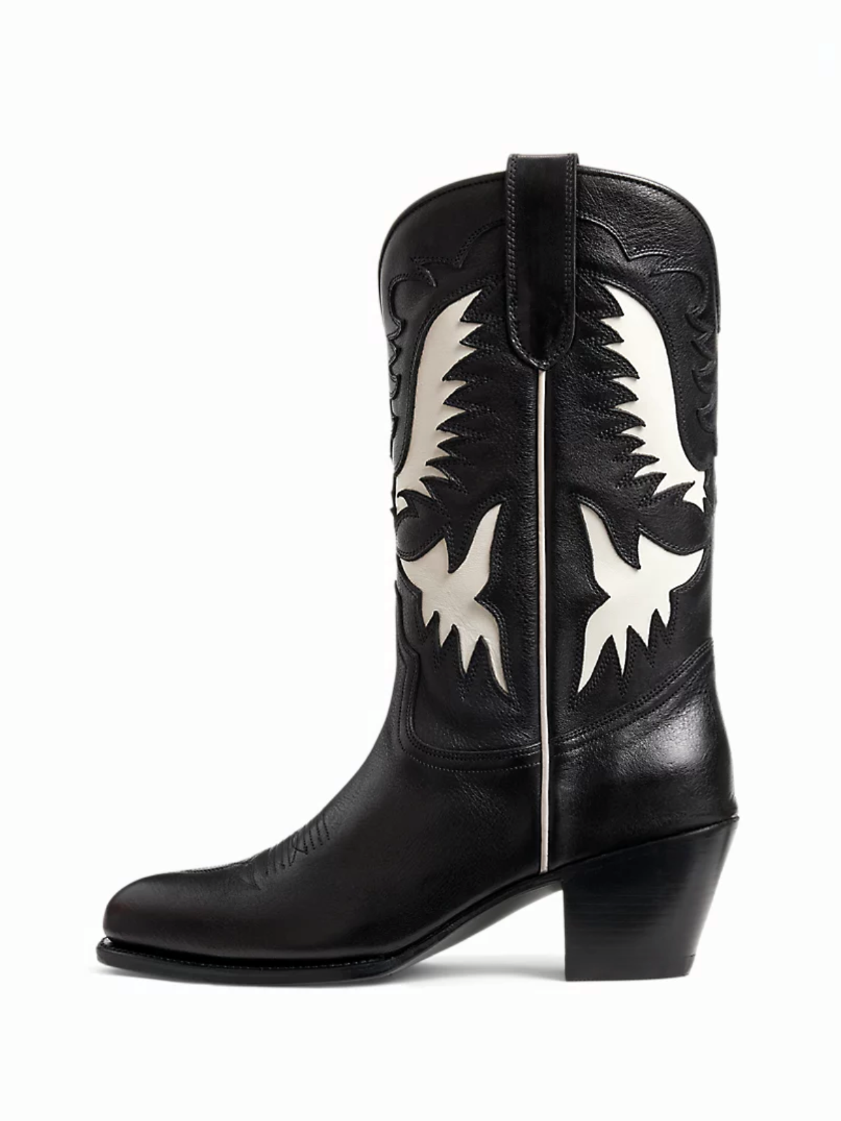 Black Almond-Toe Cream Wings Inlay Applique Wide Mid Calf Tall Cowgirl Boots