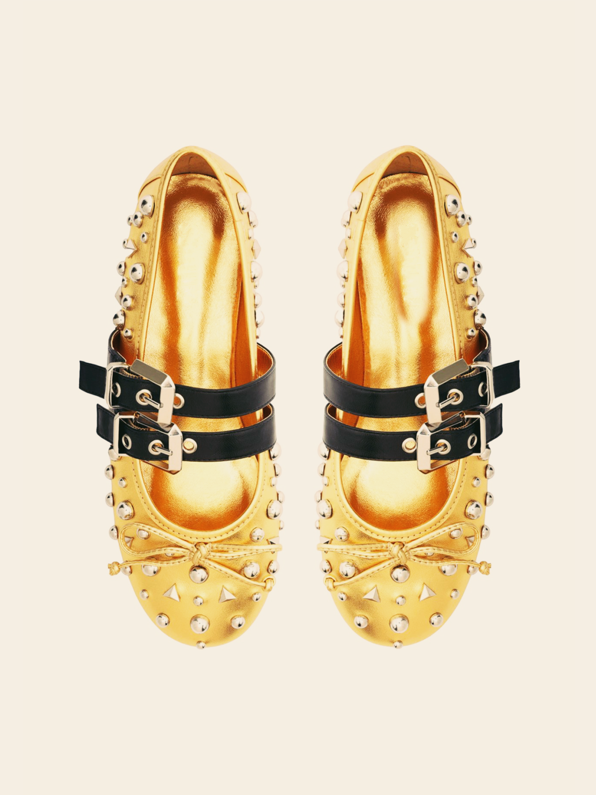 Metallic Gold Bow Studded Ballet Flats Mary Janes With Grommet Buckled Strap