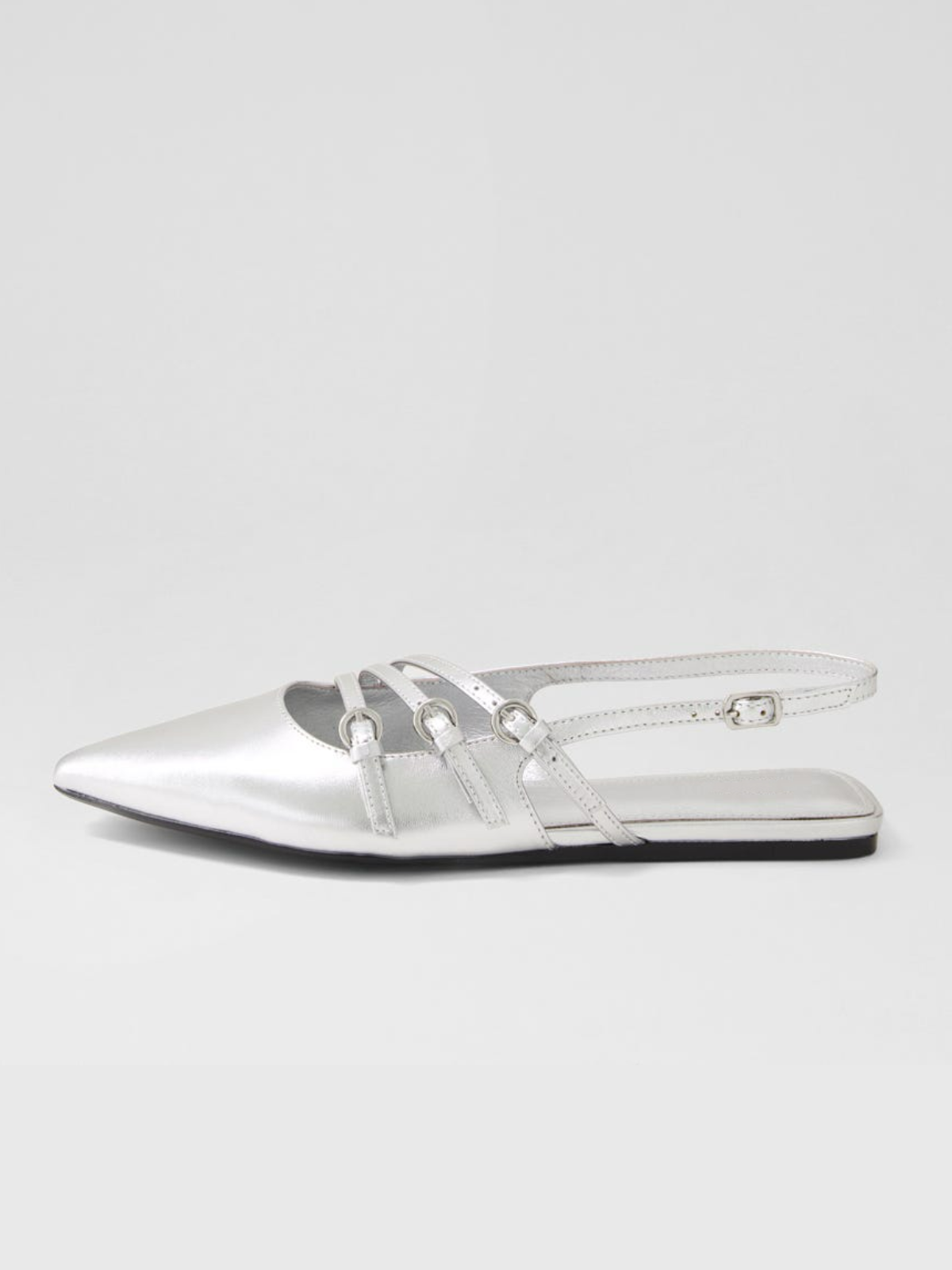 Metallic Silver Pointed-Toe Flats With Buckled Slingback