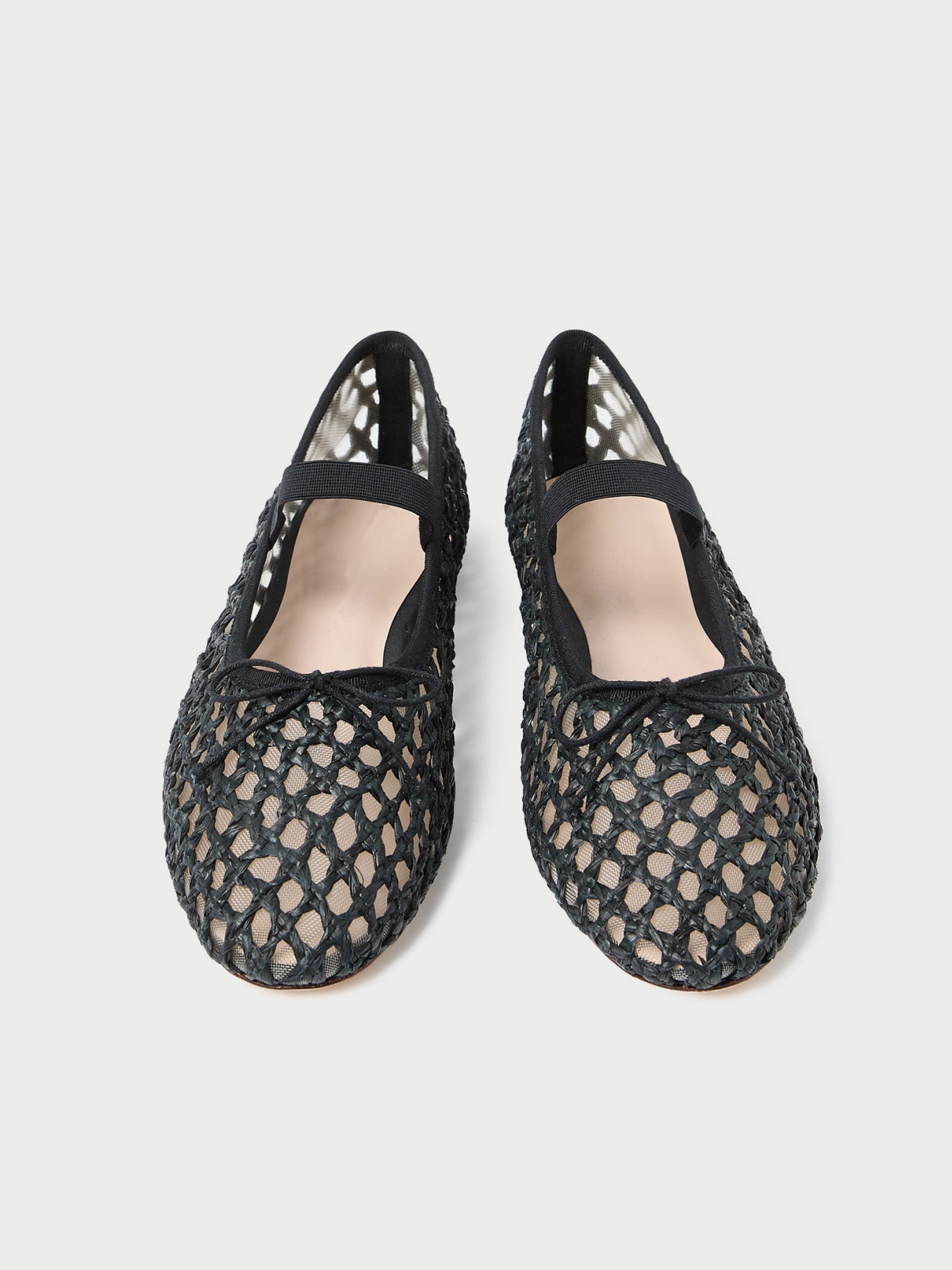 Black Almond-Toe Straw-Woven Elastic Bridge Strap Bow Mesh Ballet Flats