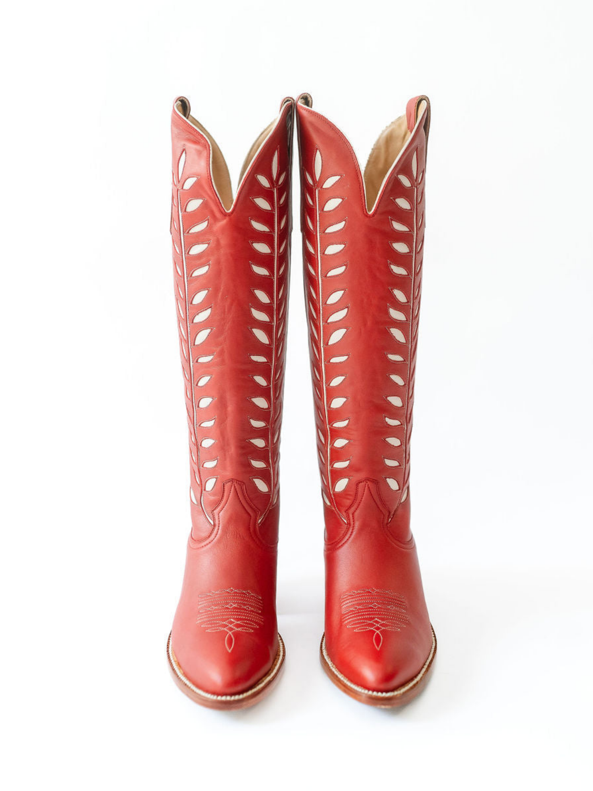 Almond-Toe Ivory Leaves Inlay Wide Calf Tall Knee High Cowgirl Boots - Red