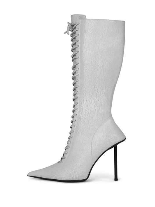 Distressed White Lace-Up Pointed-Toe Full-Zip Tall Mid Calf Stiletto Boots