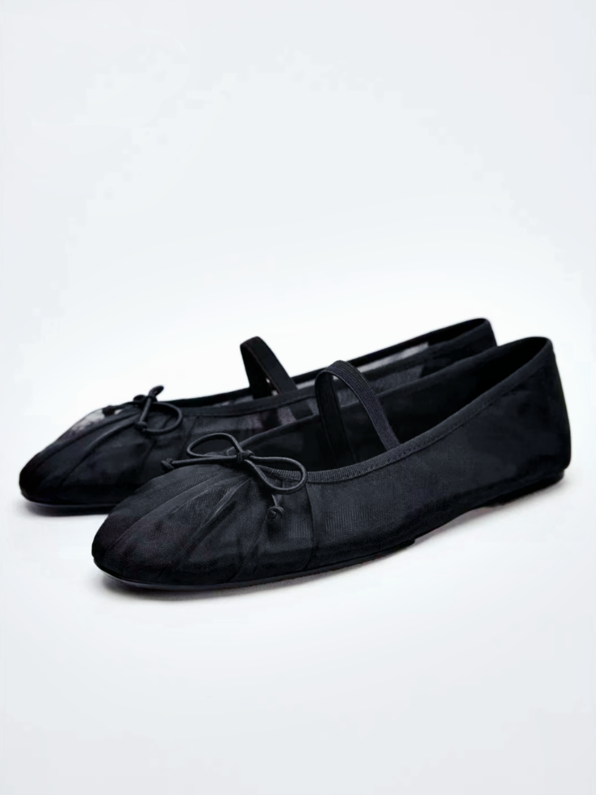 Black Mesh Round-Toe Elastic Strap Bow Ballet Flats