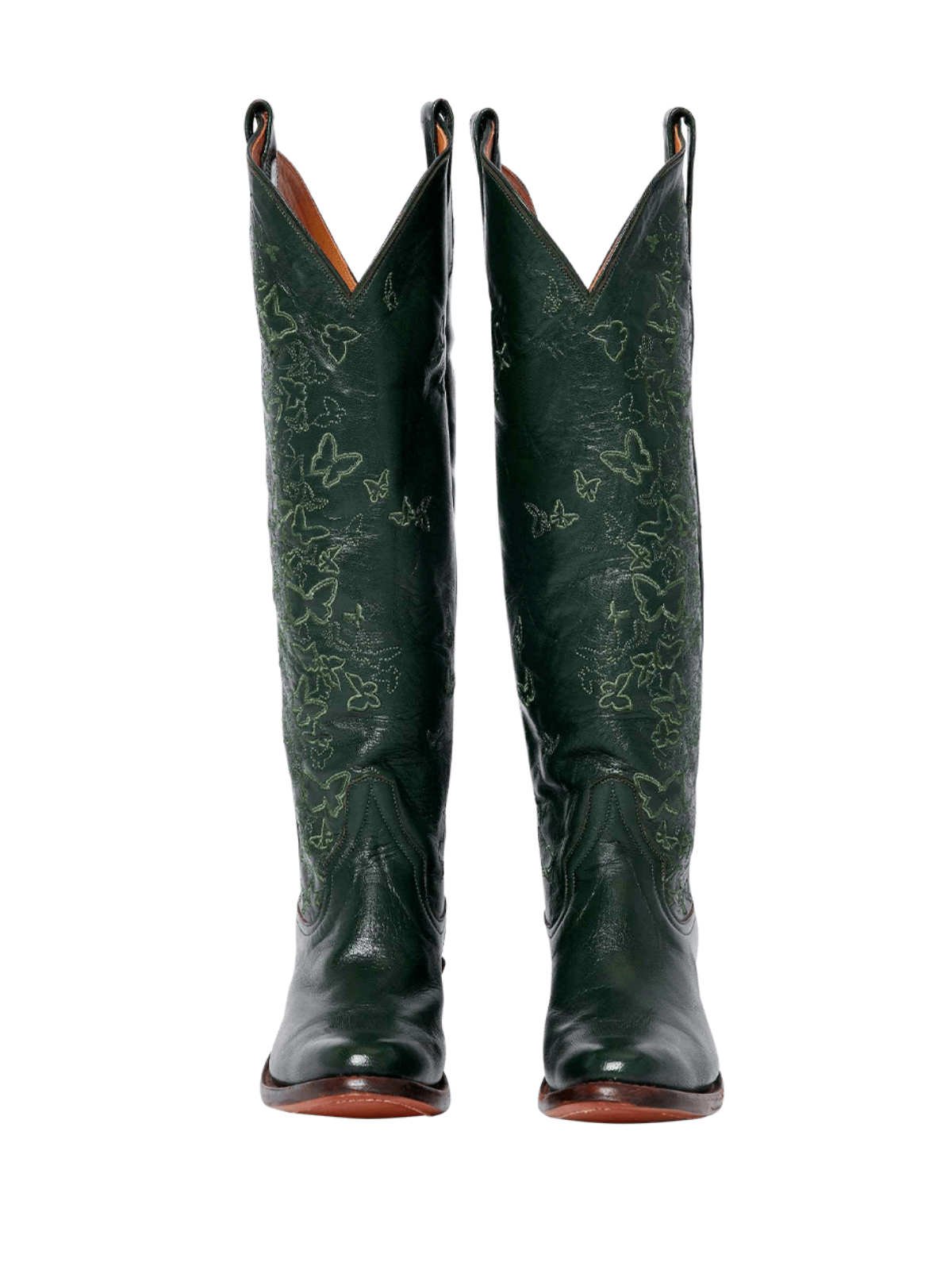 Dark Green Round-Toe Butterfly Embroidery Wide Calf Knee High Tall Cowgirl Boots