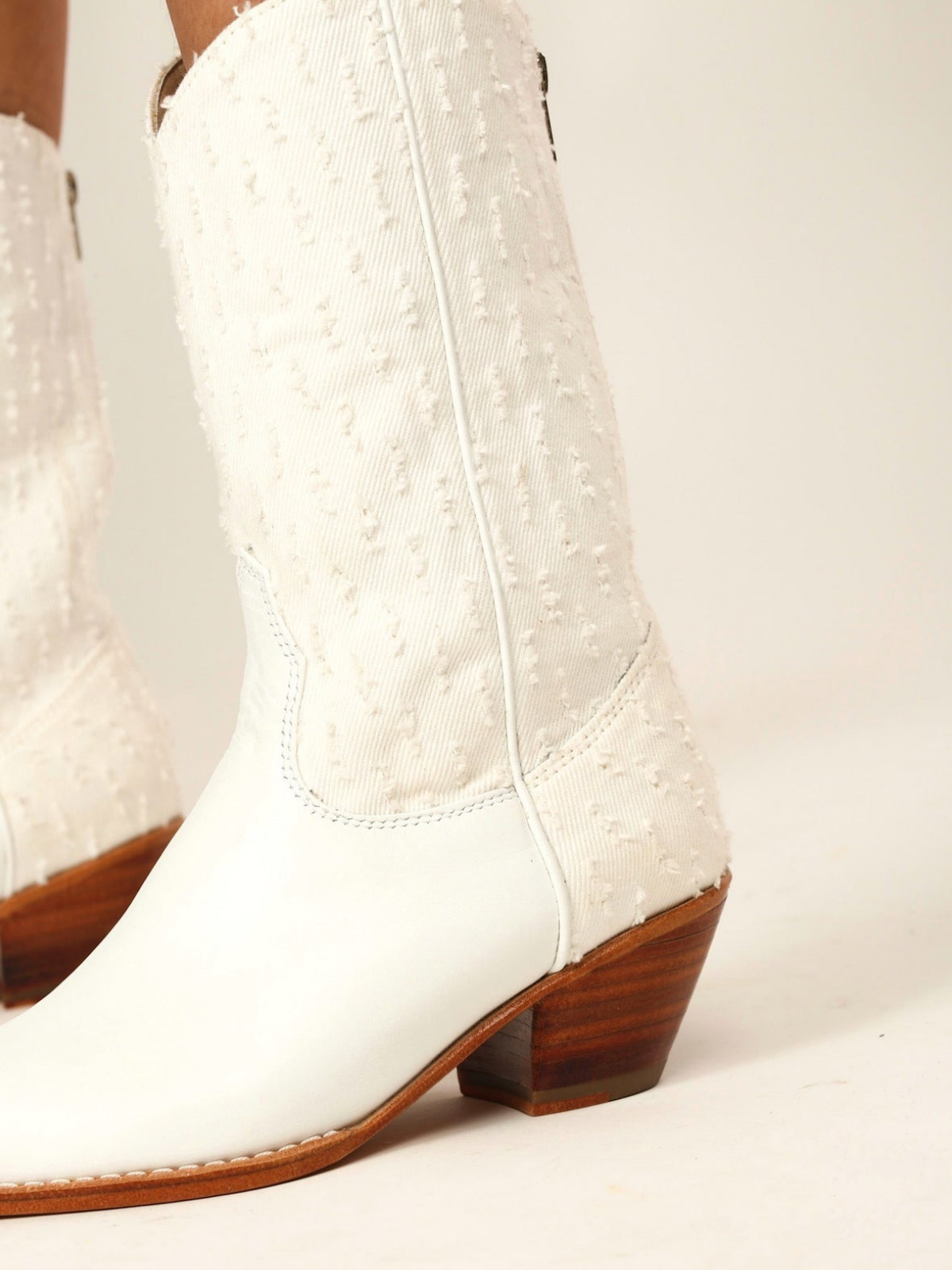 White Denim And Vegan Leather Almond-Toe Back-Zip Mid Calf Cowgirl Boots