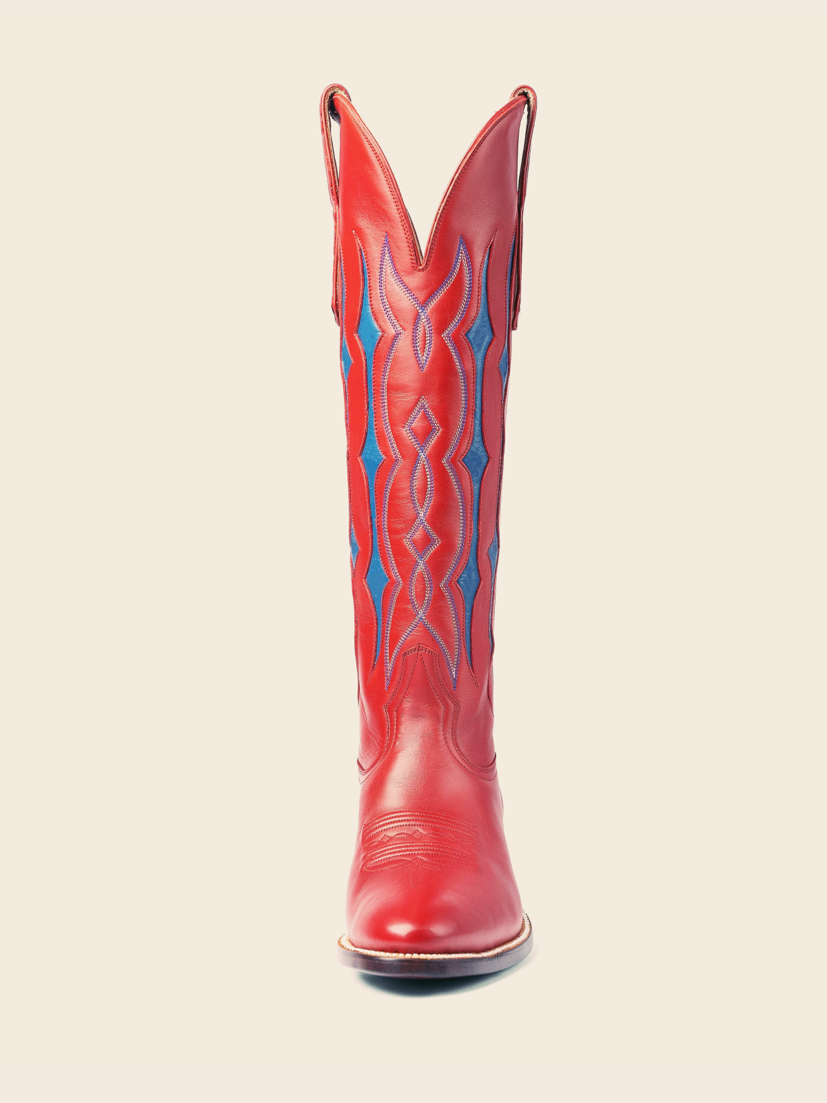 Red Contrast Inlay Stitch Almond-Toe Wide Mid Calf Western Cowgirl Boots