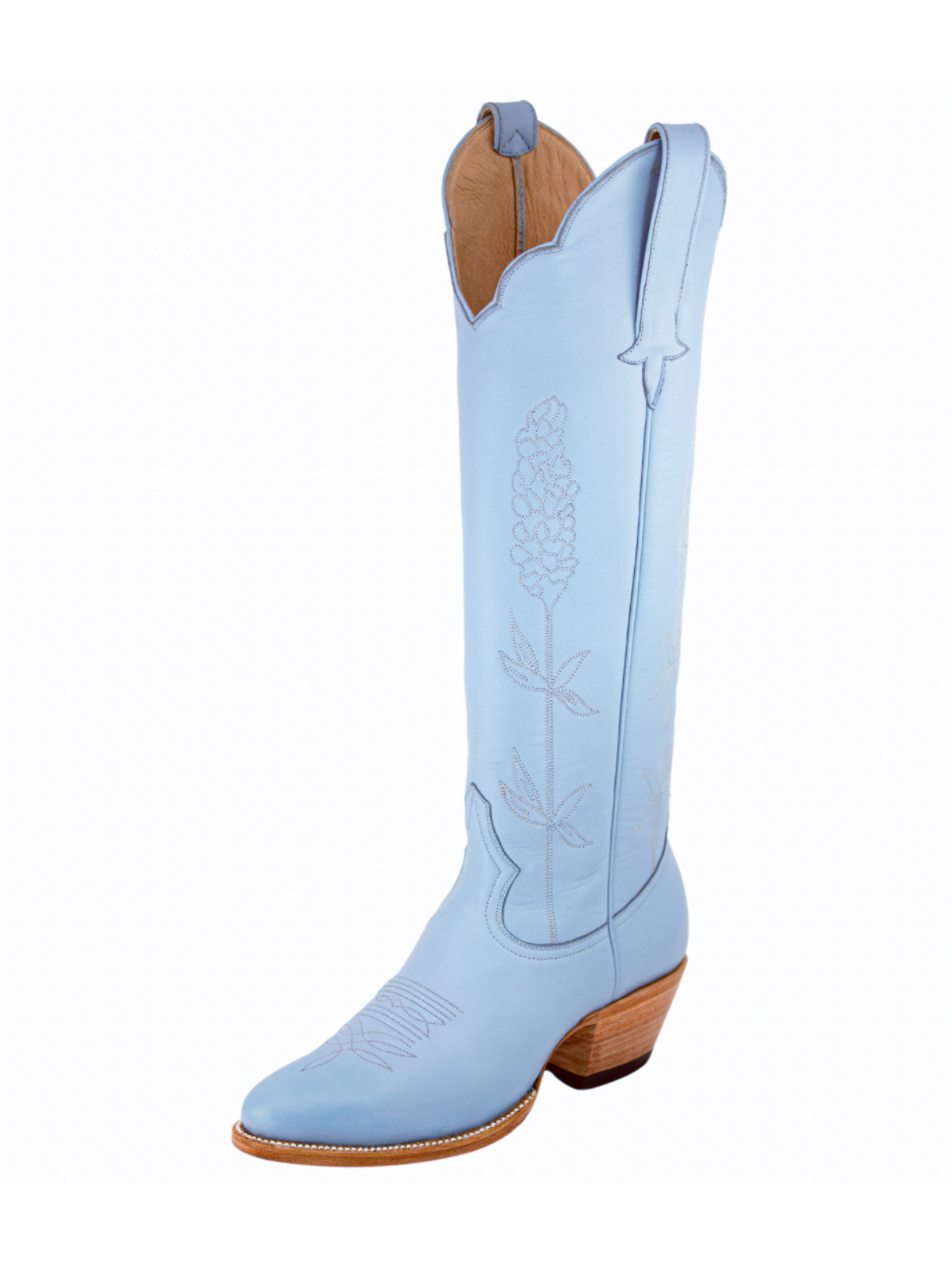 Almond-Toe Ear-Of-Rice Embroidery Wide Calf Knee High Cowgirl Boots - Powder Blue