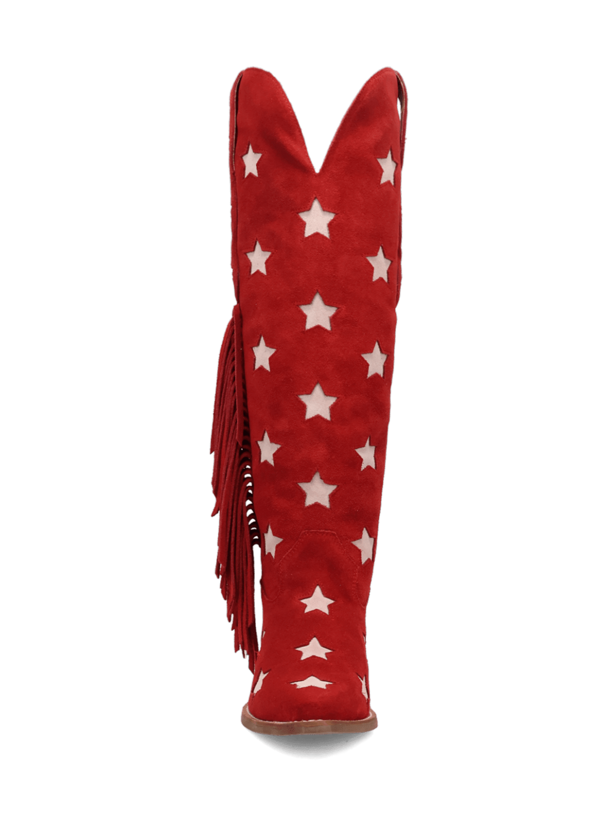 Red Faux Suede Snip-Toe Fringe Star Inlay Wide Calf Knee High Tall Cowgirl Boots