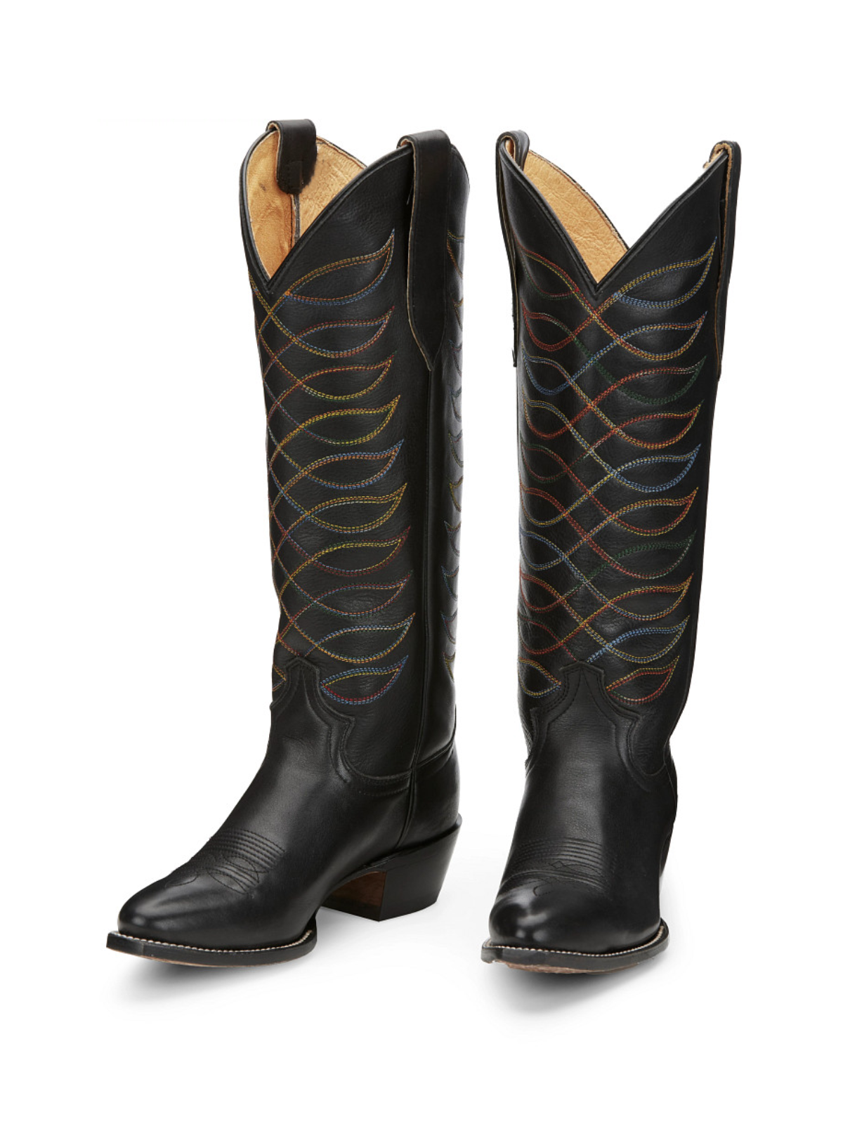 Black Round-Toe Embroidery Wide Mid Calf Tall Cowgirl Boots