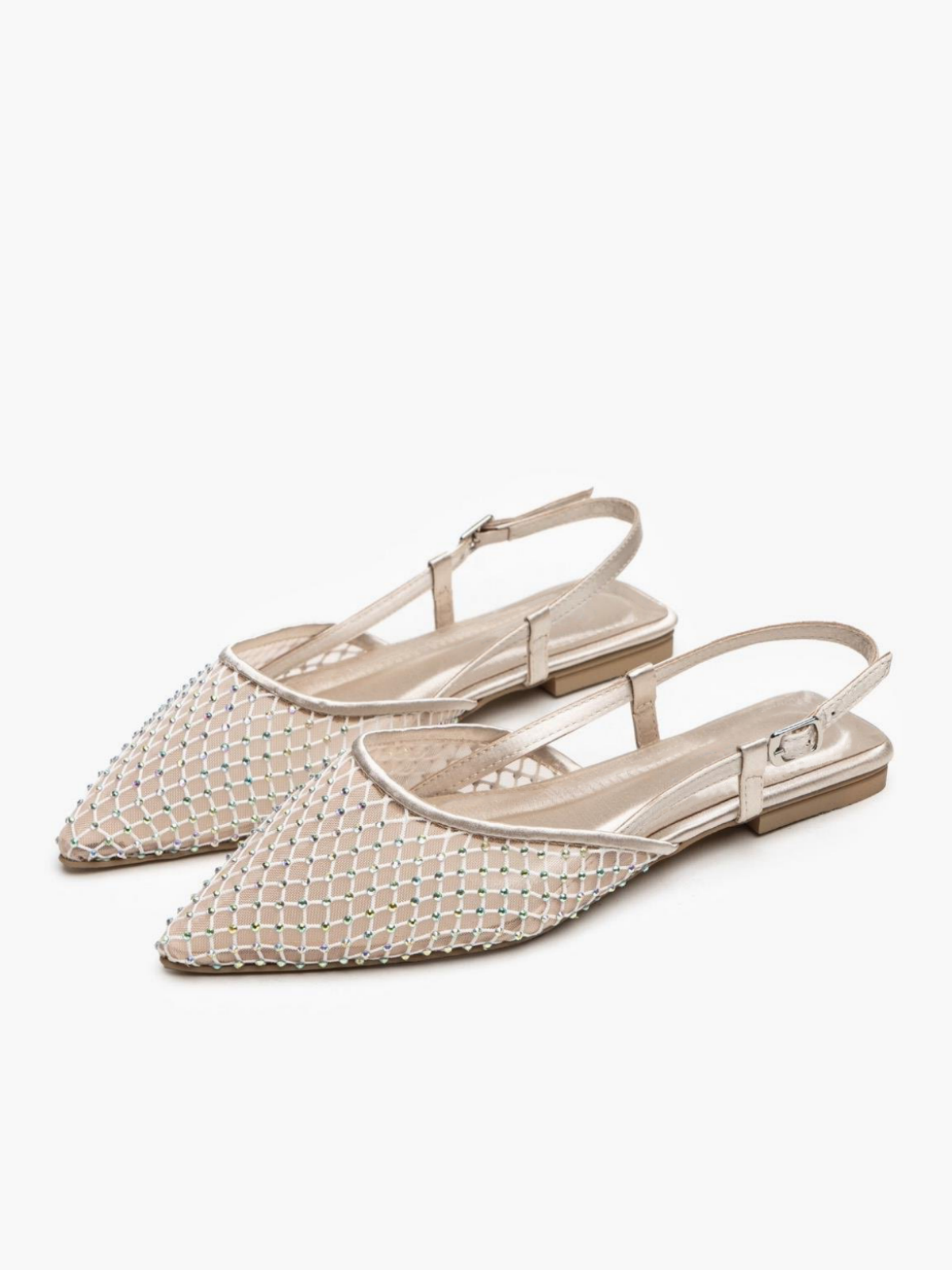 Rose Gold Iridescent Rhinestone Pointy Slingback Ballerina Flats In Satin & Fishnet