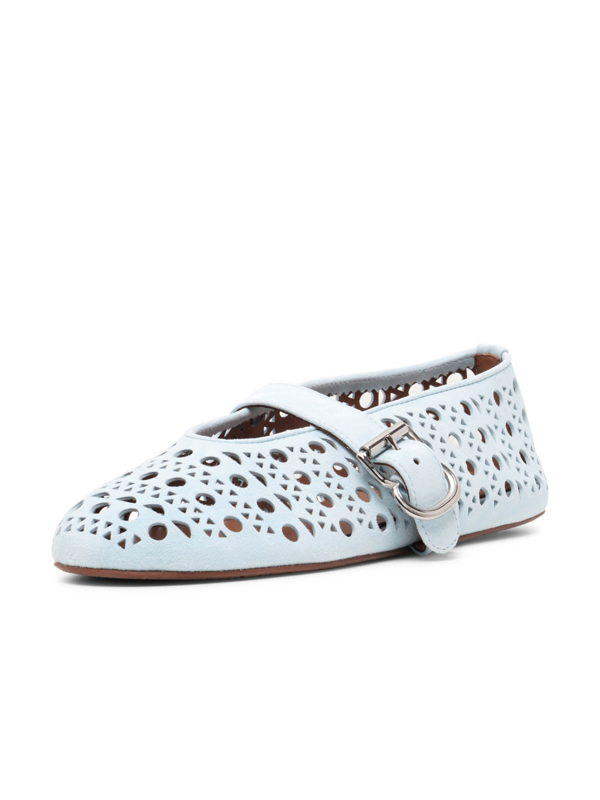 Light Blue Ballet Flats Mary Janes With Perforations And Buckled Strap