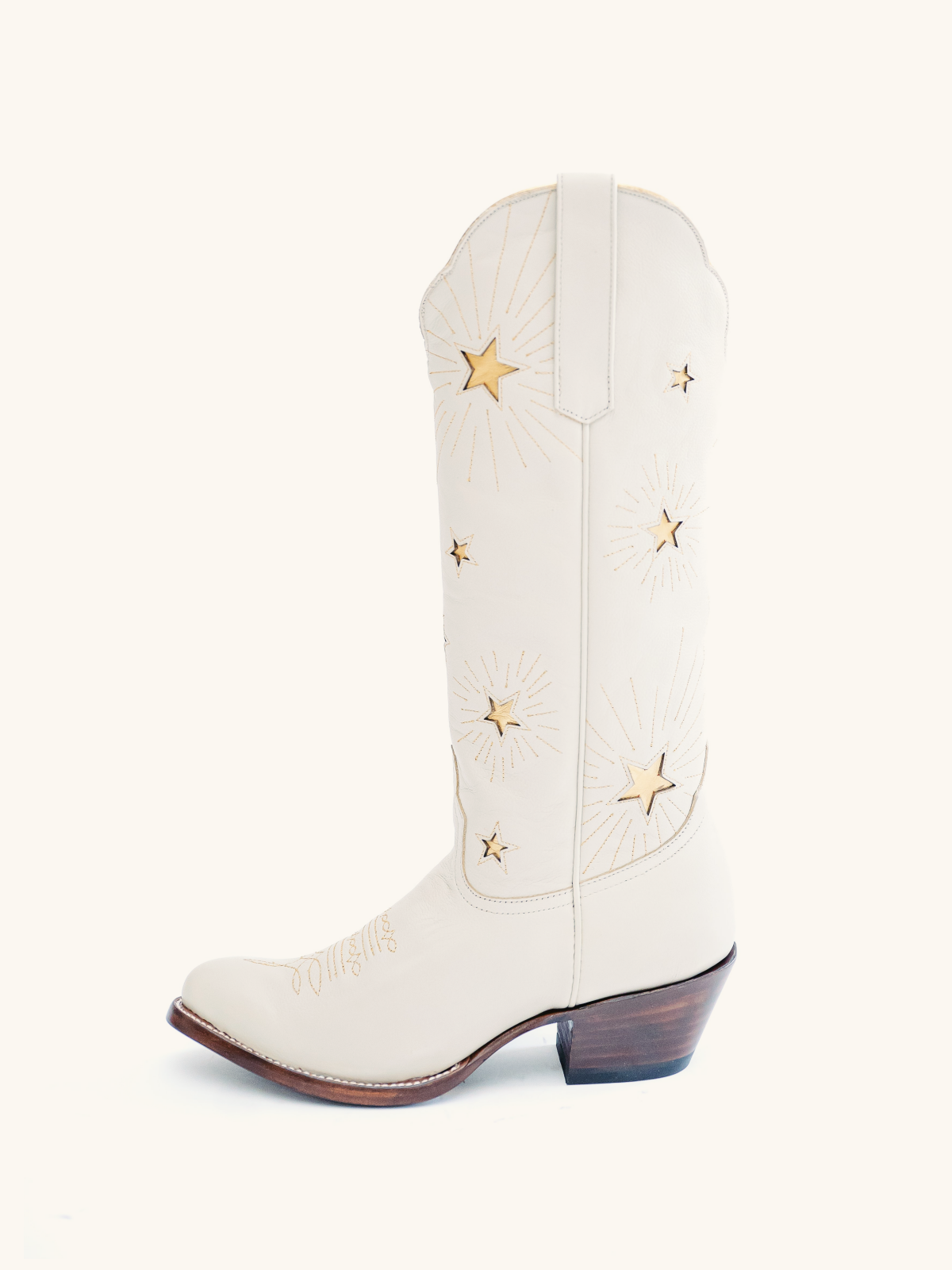 White Stitch Almond-Toe Wide Calf Western Cowgirl Boots With Metallic Gold Star Inlay